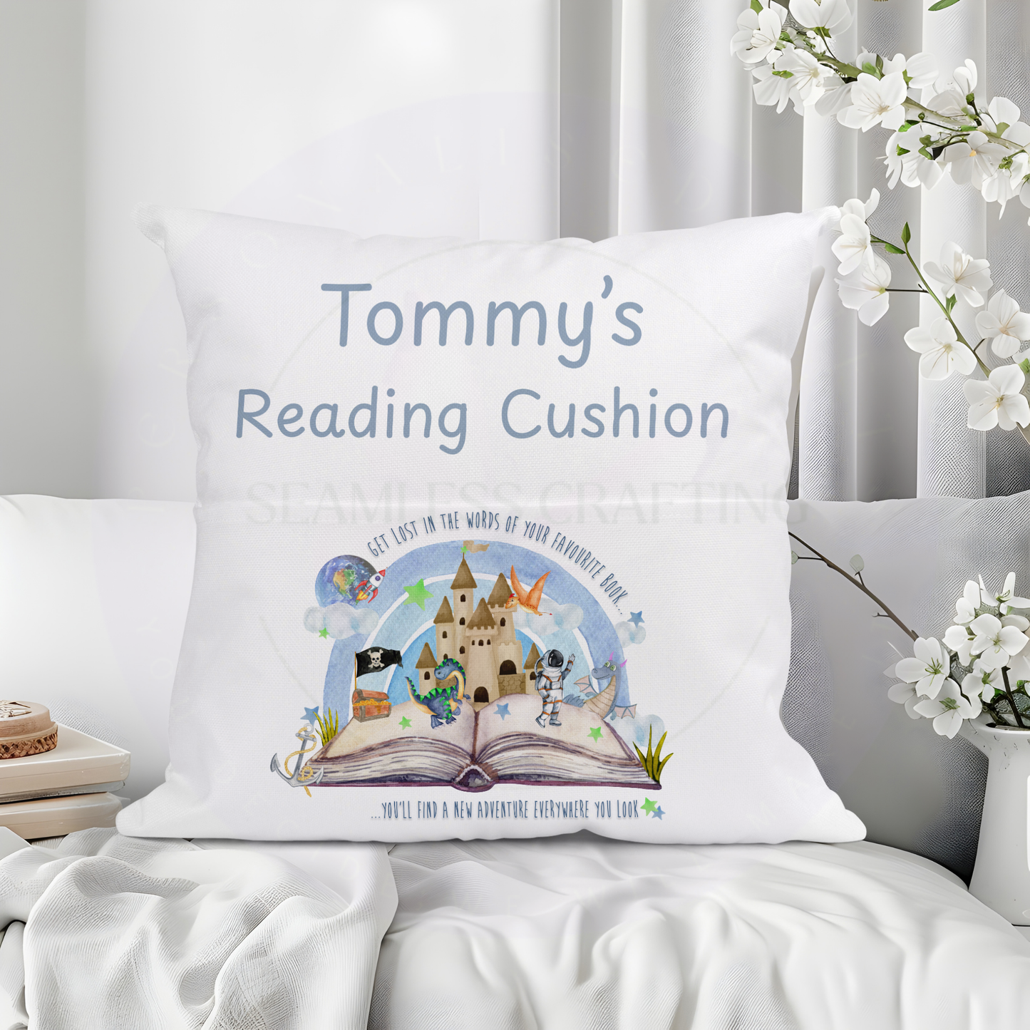 Personalised Storybook Reading Cushion with Pocket – Custom Name Kids Book Pillow, Castle Dragon Adventure Design Gift