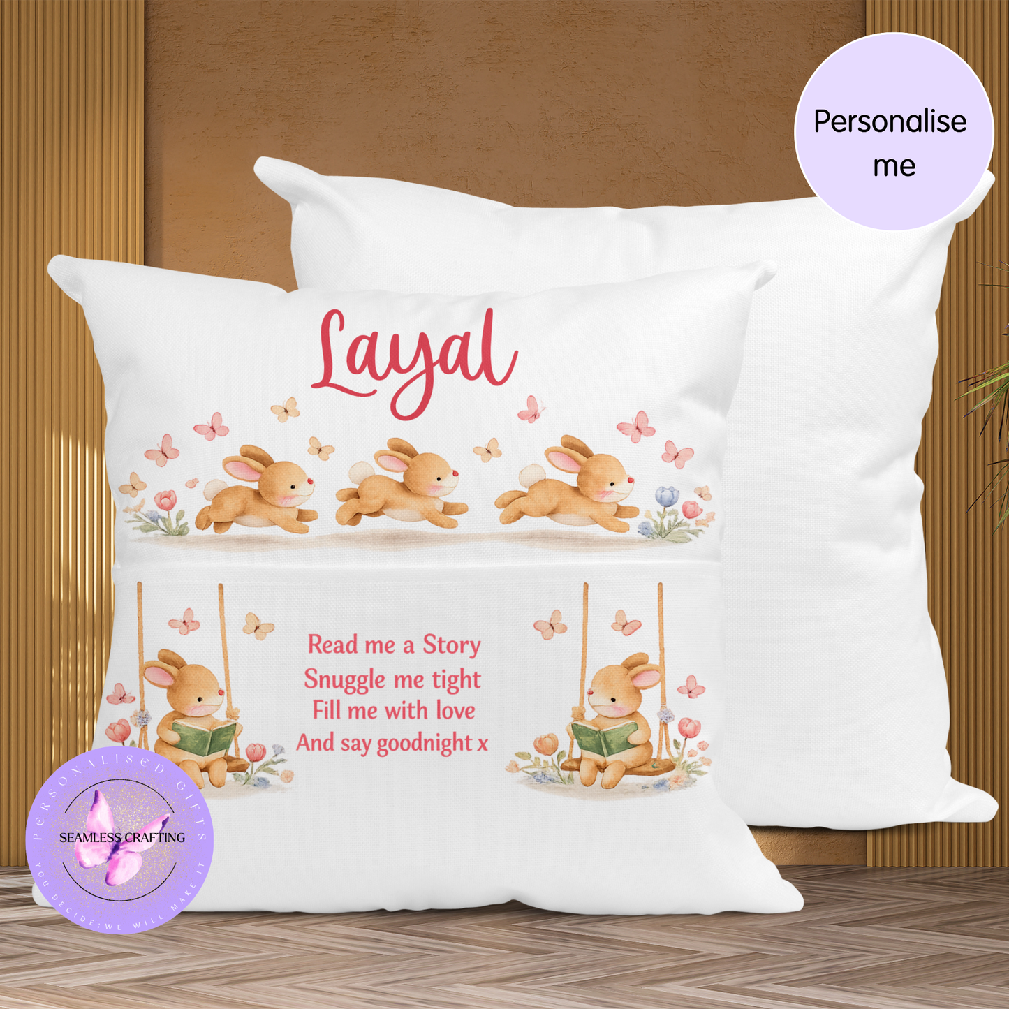 Personalised Bunny Reading Cushion with Pocket – Baby Bedtime Story Pillow – Custom Name Nursery Gift – Bunny Book Cushion