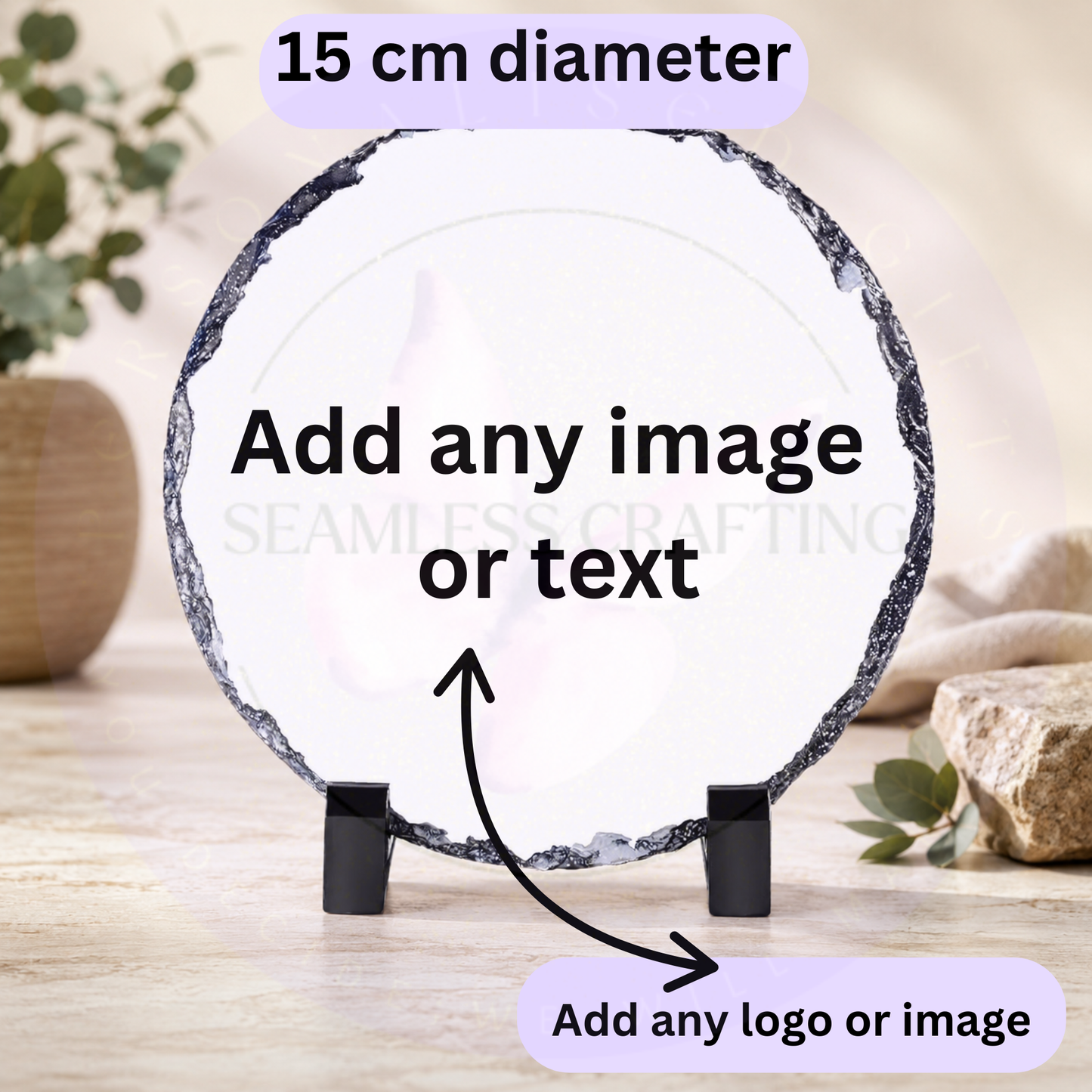 Personalised 15 cm round slate photo plaque on display stand