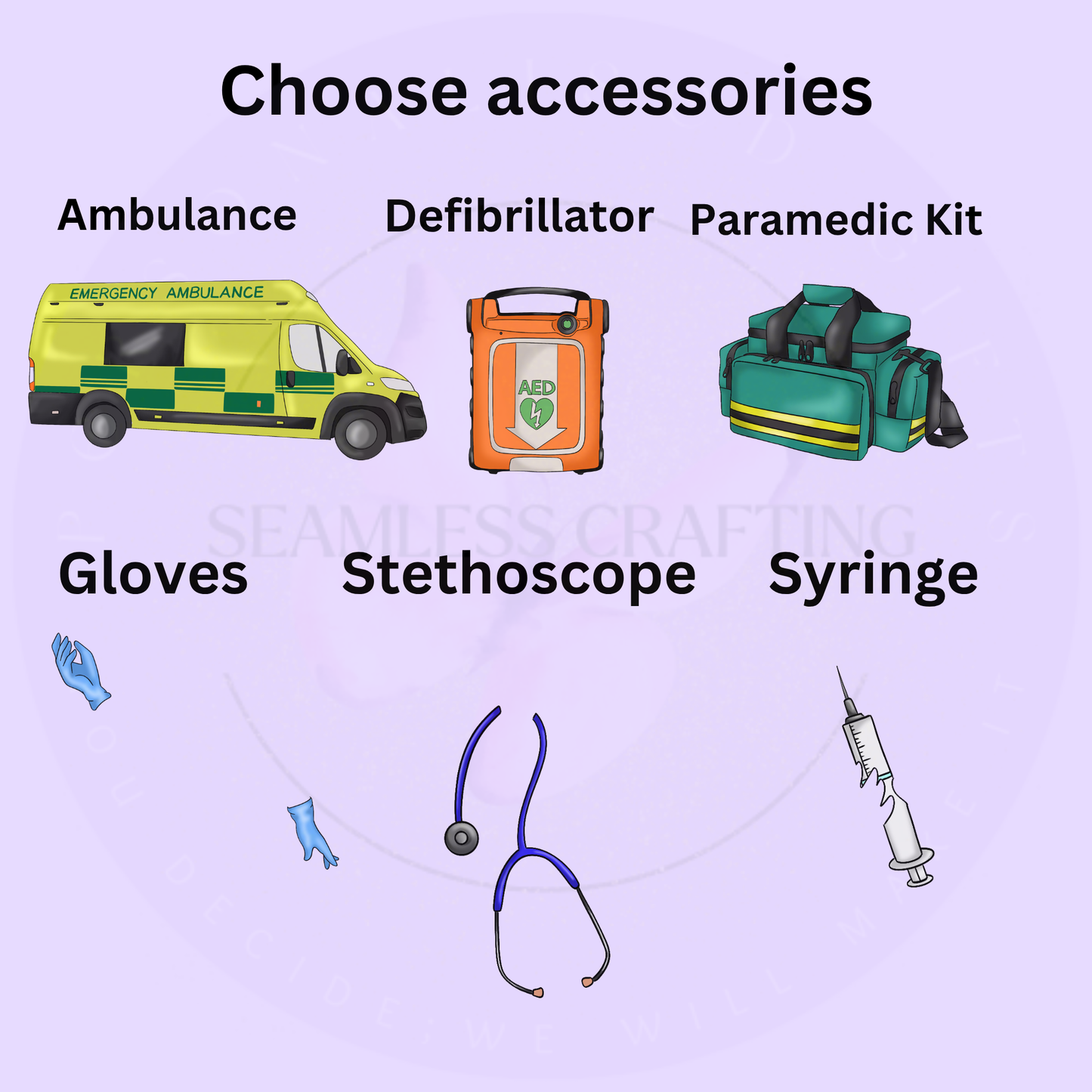 Paramedic notebook accessories: ambulance, defibrillator, stethoscope, syringe