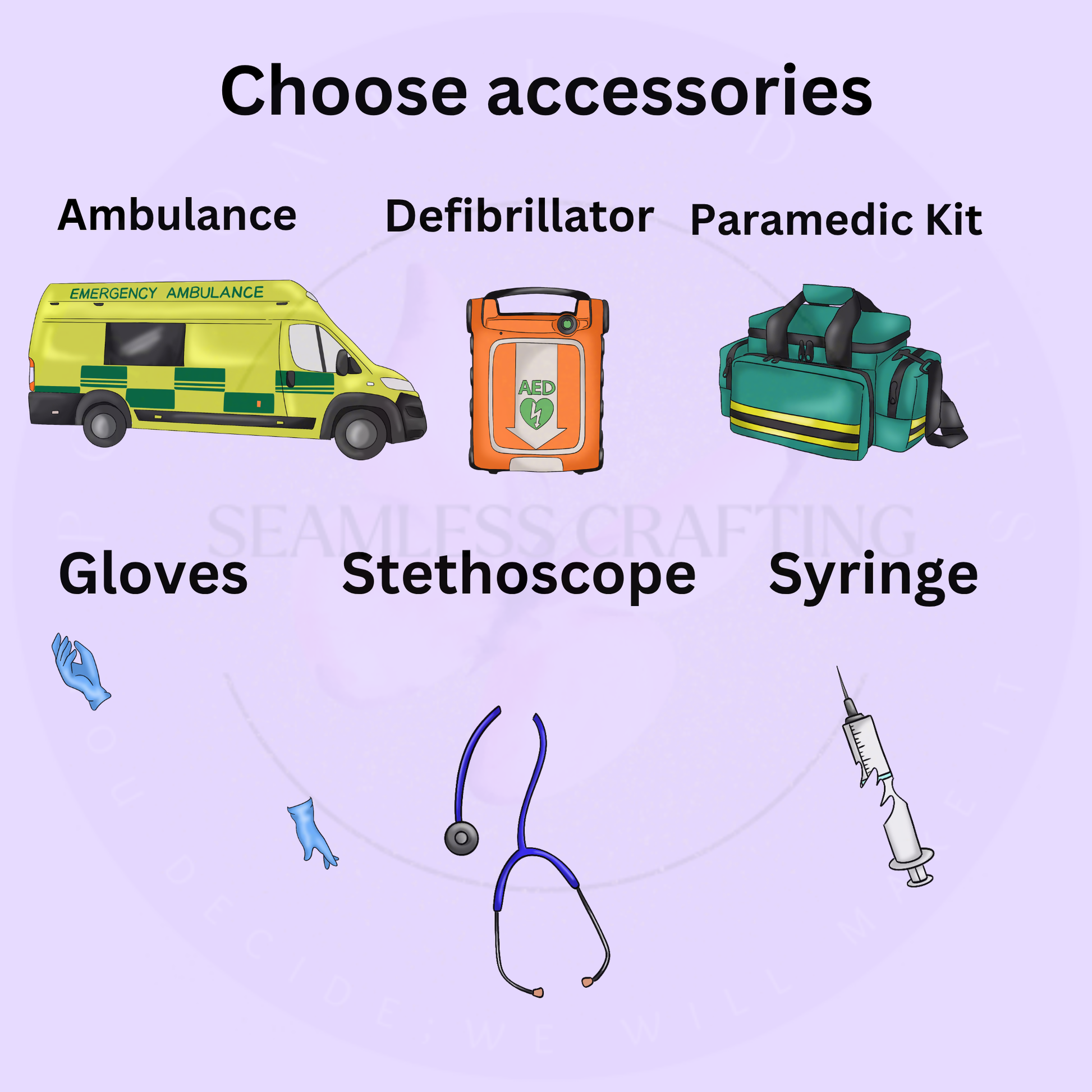 Paramedic notebook accessories: ambulance, defibrillator, stethoscope, syringe