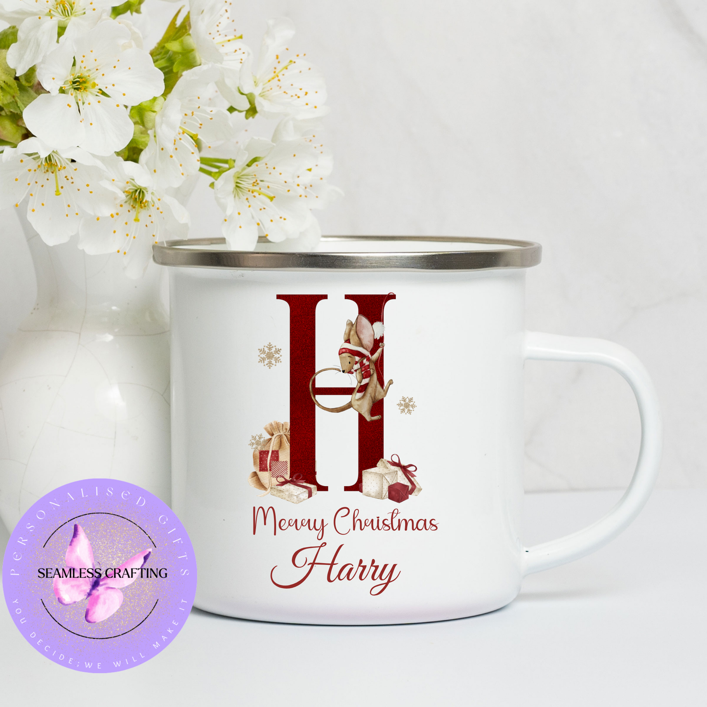 Personalised Christmas Sack & Enamel Mug Set | Custom Name Santa Gift Bag | Initial Mouse Design | Kids Xmas Eve Bag | 2 Sizes | 4 Colours