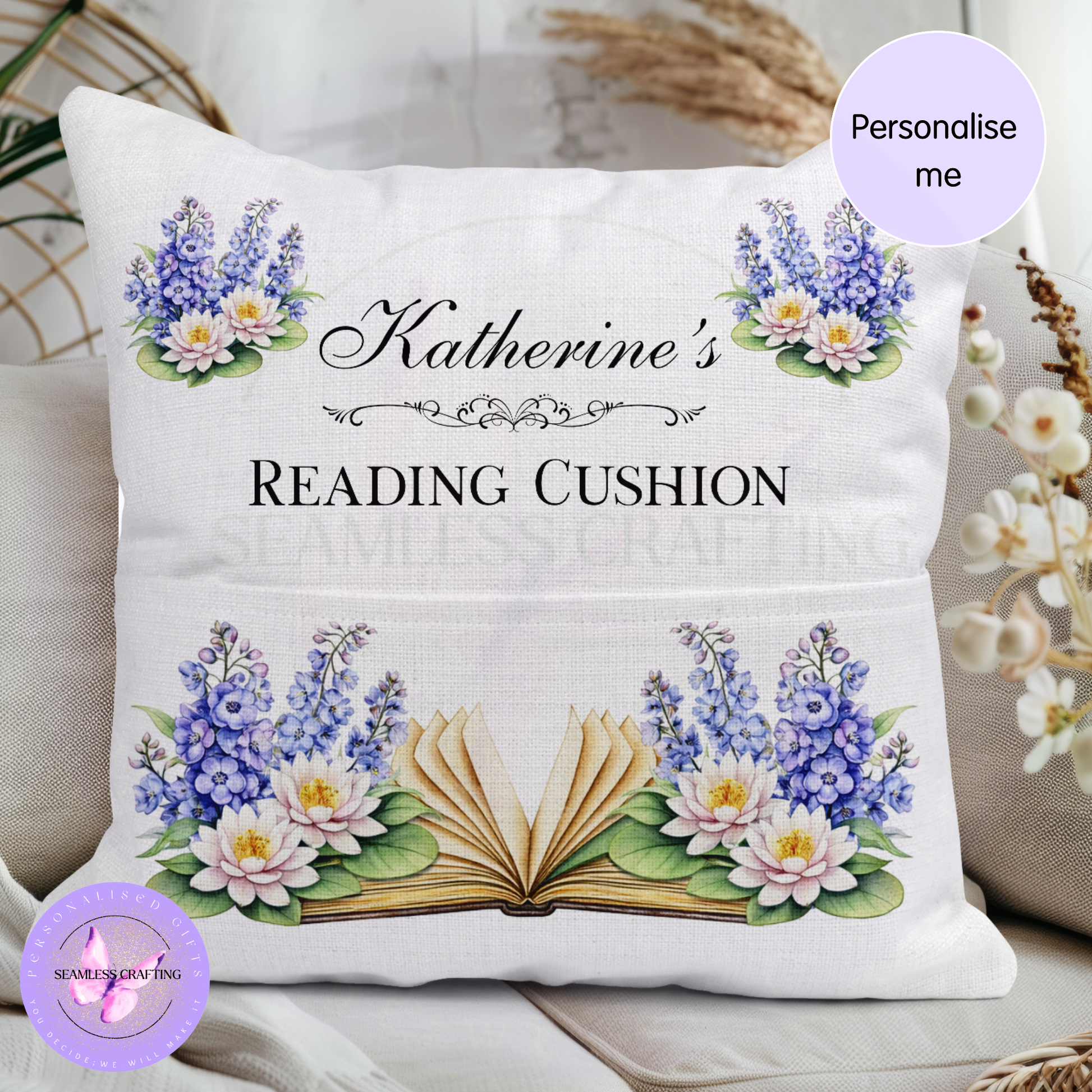 Personalise me badge on July birth flower reading pillow – custom name option