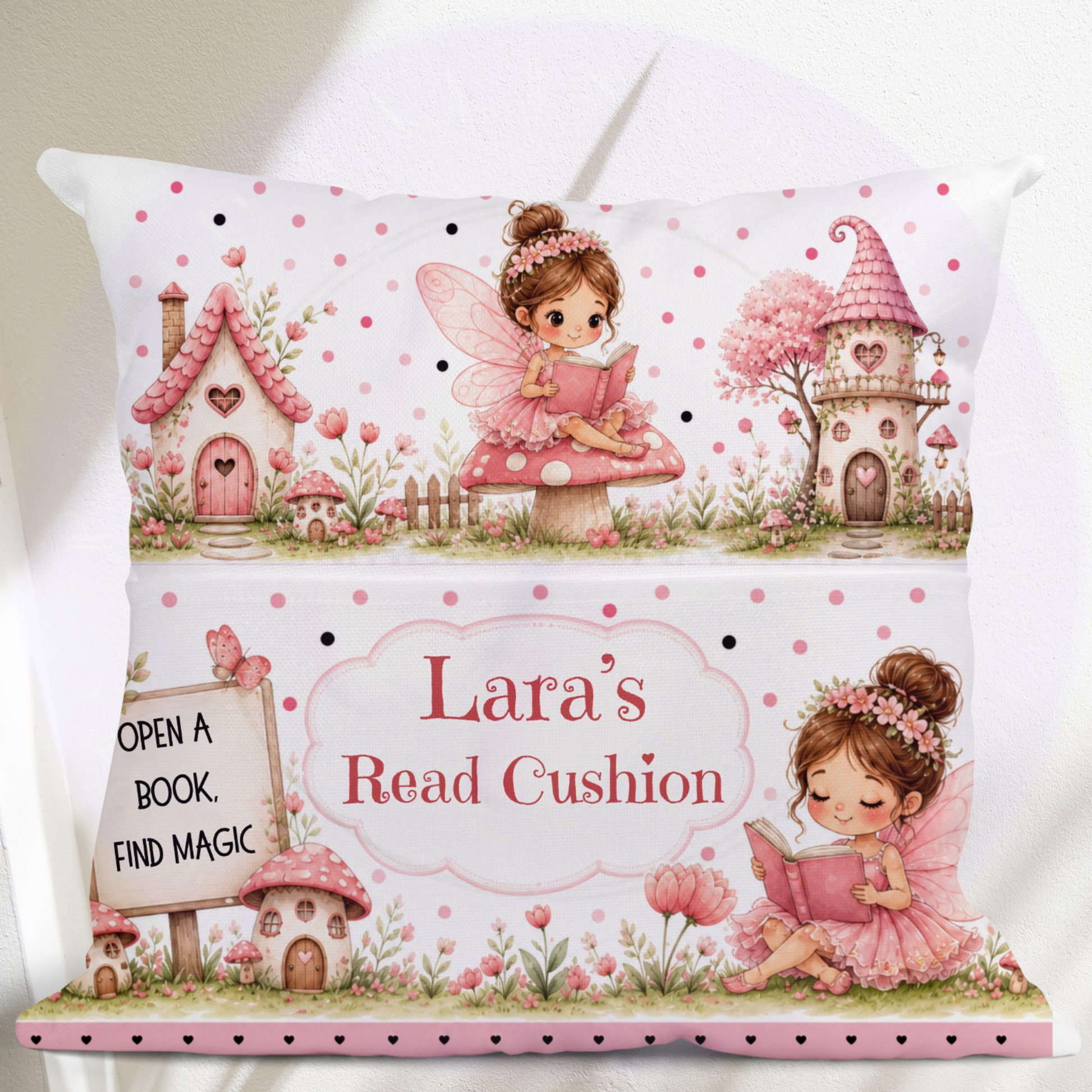 Personalised girls reading cushion with Open a Book Find Magic fairy design