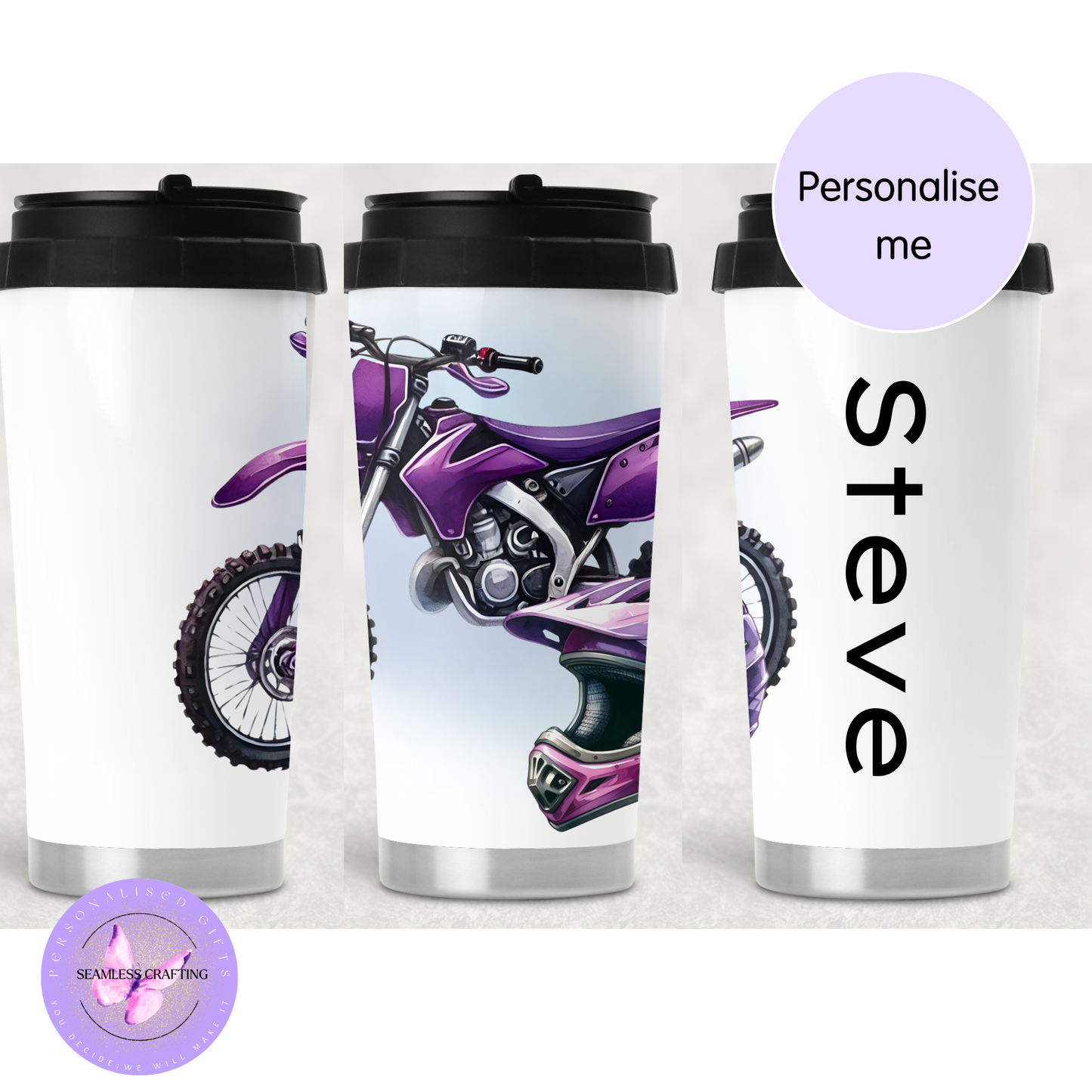 Three white travel mug motorcycle design and 'Personalise me' text on 16 oz thermos