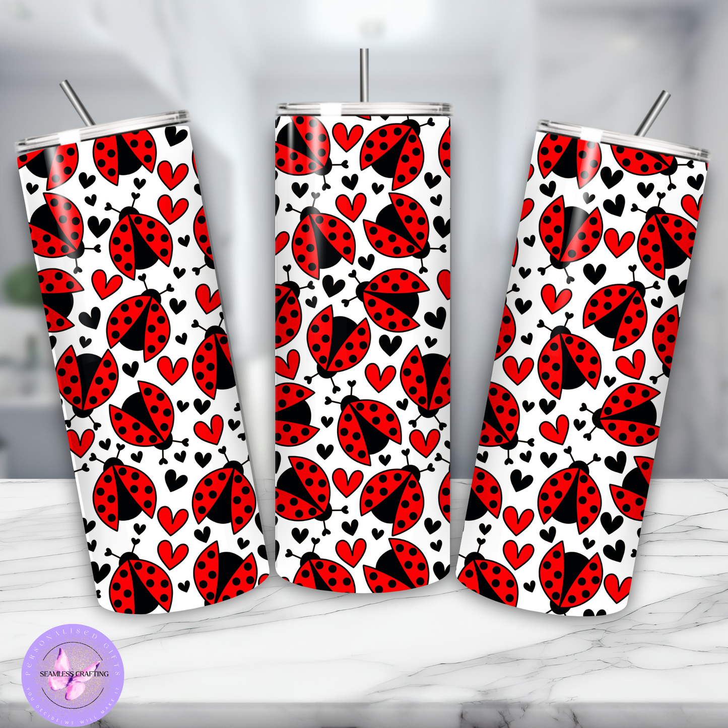 Personalised Ladybug Stainless Steel Tumbler – 15oz or 20oz – Red or Pink – Custom Name Travel Cup with Lid & Straw – Cute Gift for Her