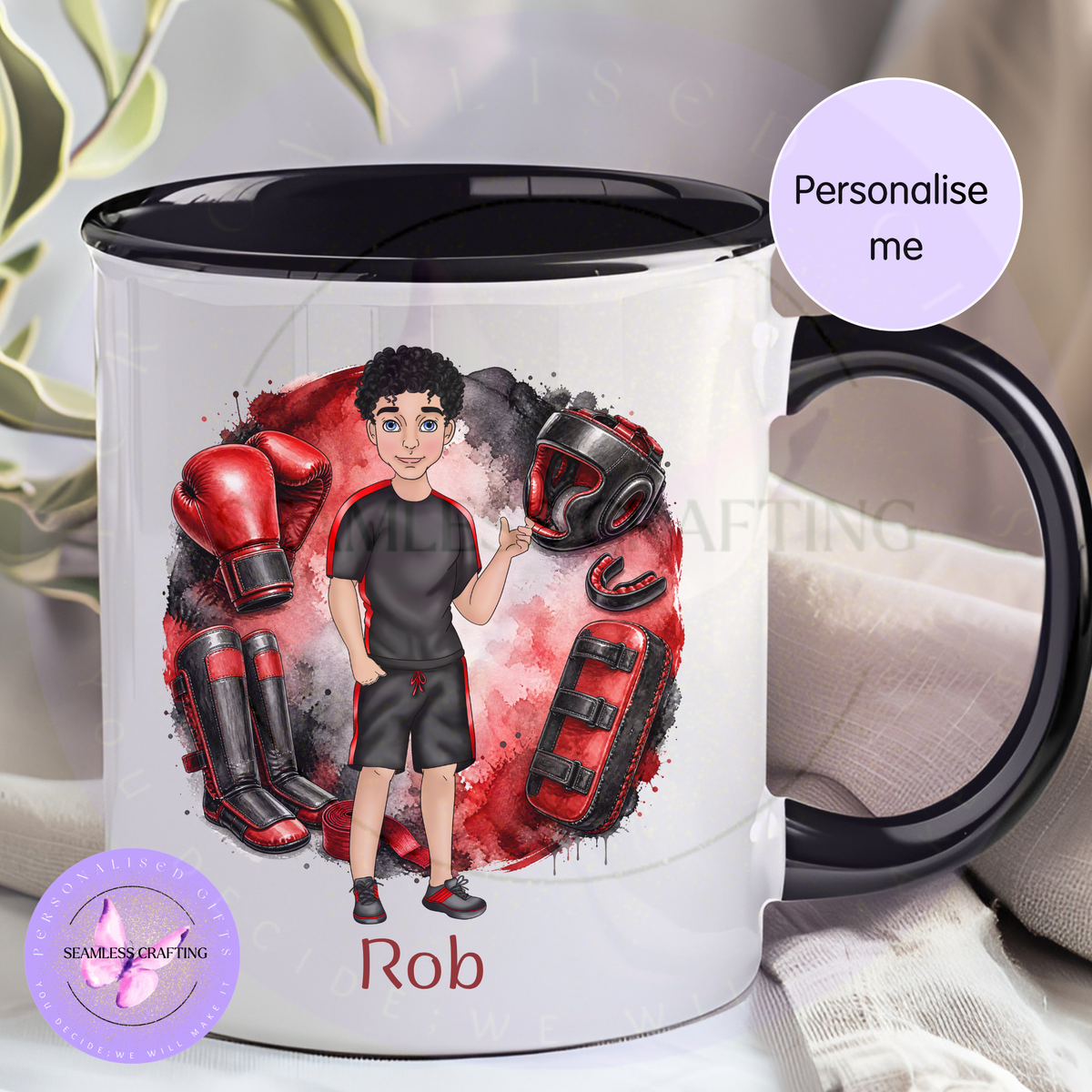 Personalised kickboxing mug with black handle, custom male fighter character and name Rob