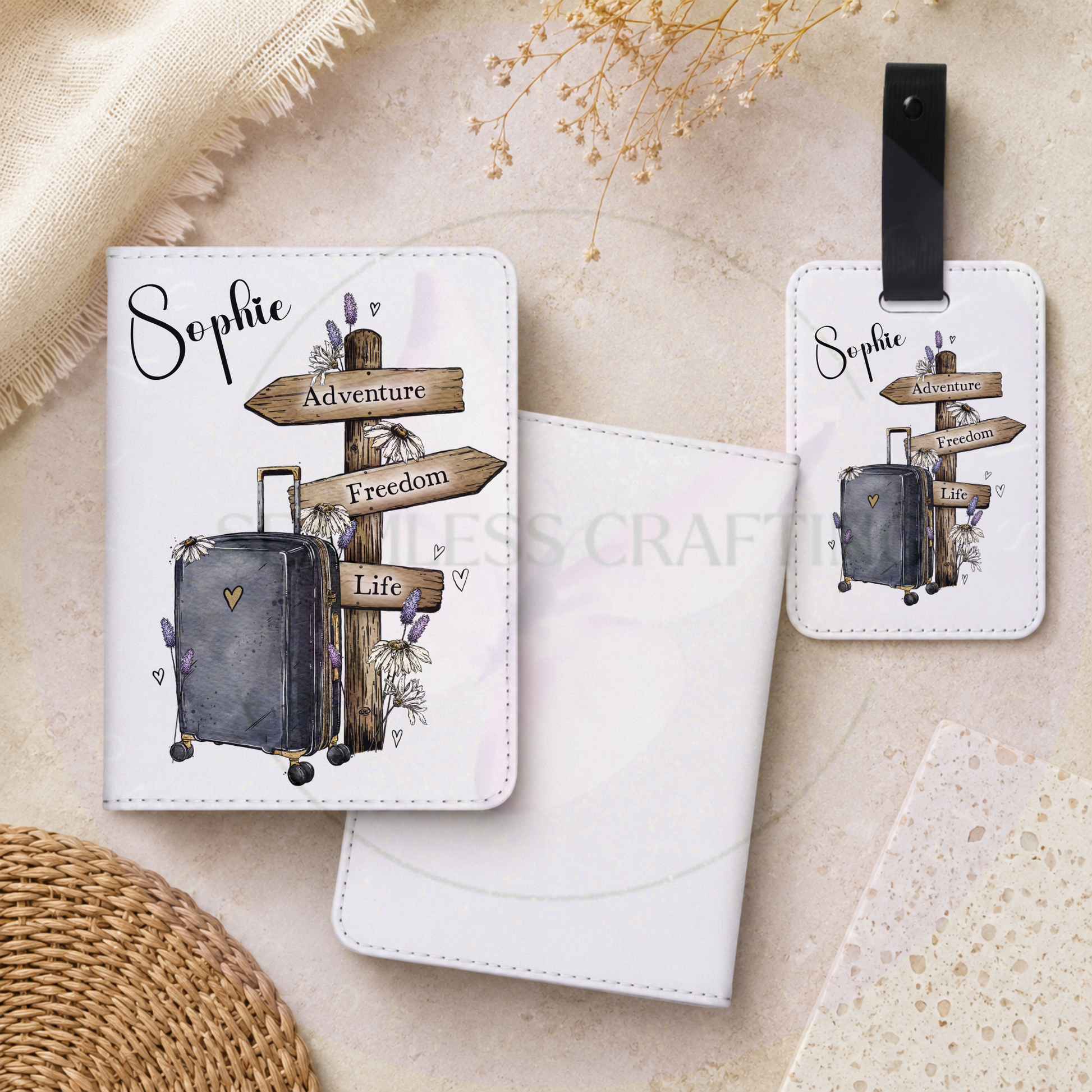 Personalised passport holder and luggage tag set with custom name Sophie and travel themed suitcase design