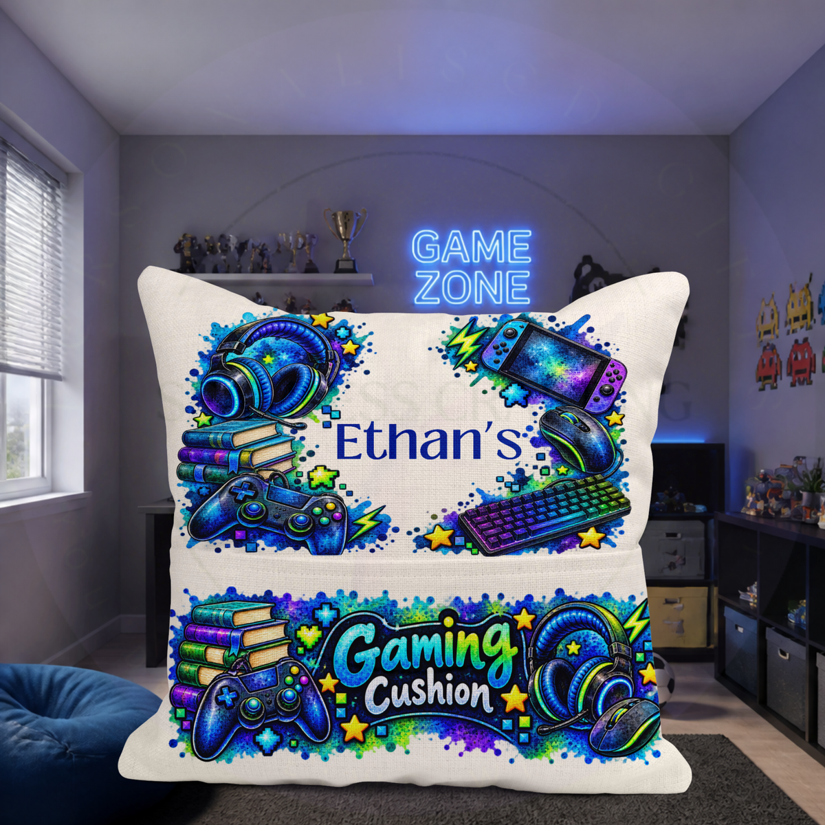 1. Custom gaming cushion with pocket in game zone bedroom