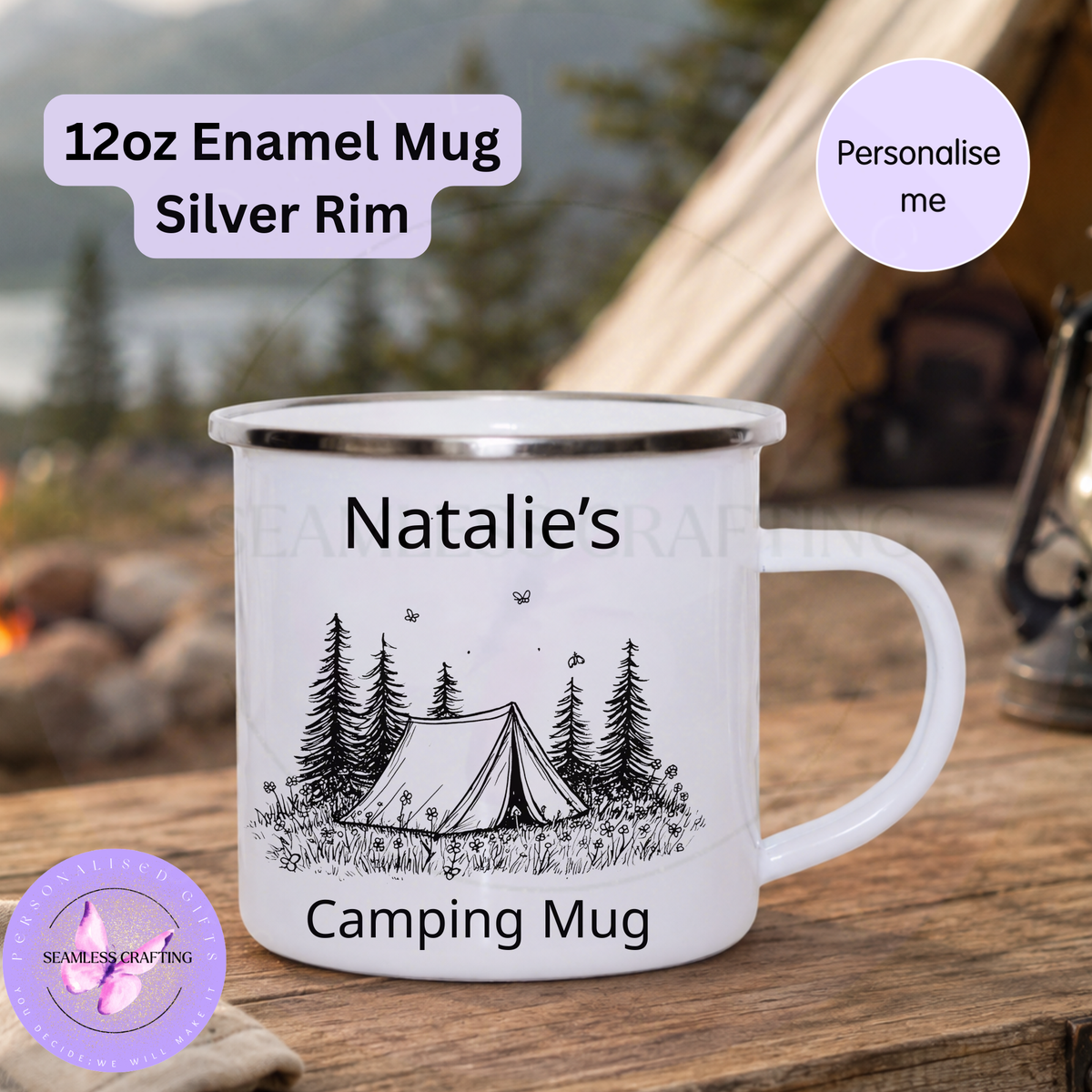 Personalised enamel camping mug with silver rim displayed beside a campsite and tent
