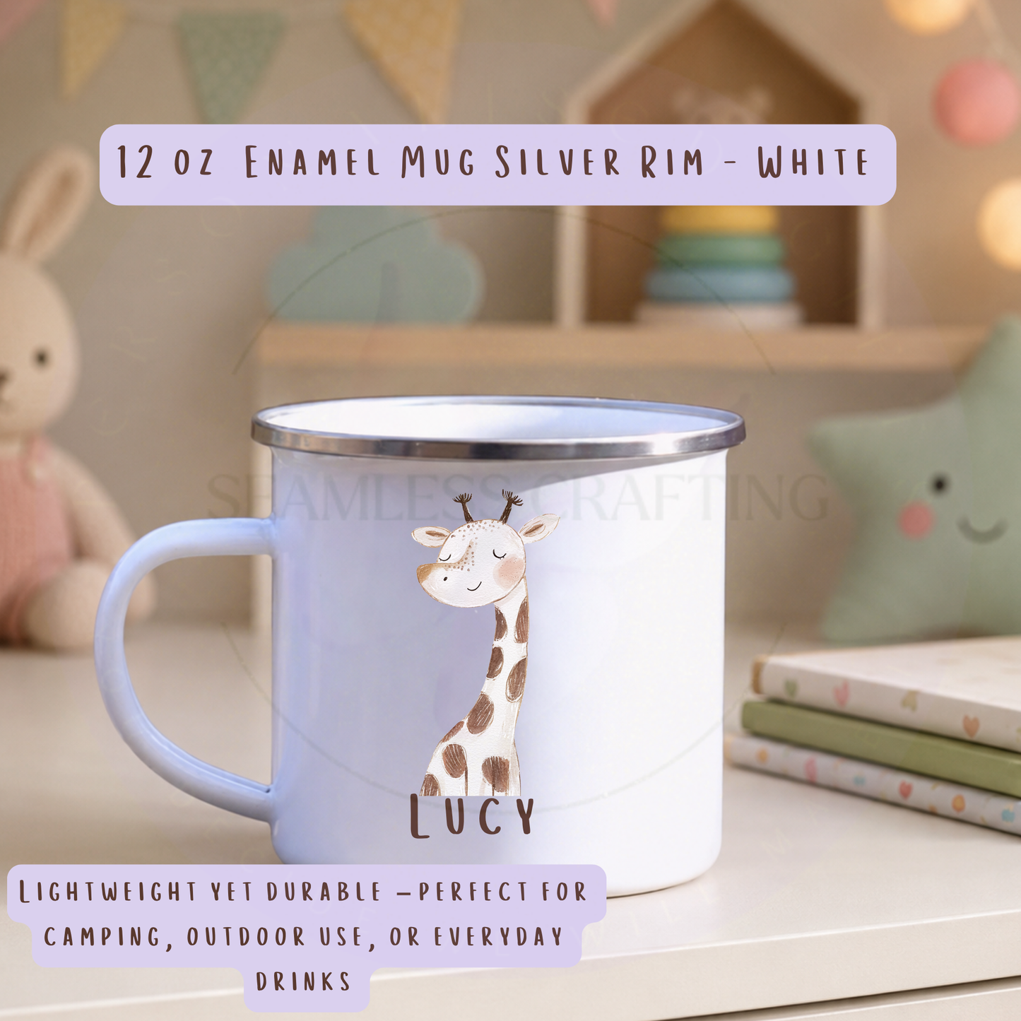 Personalised 12oz white enamel children's mug with giraffe character, silver rim and name Lucy