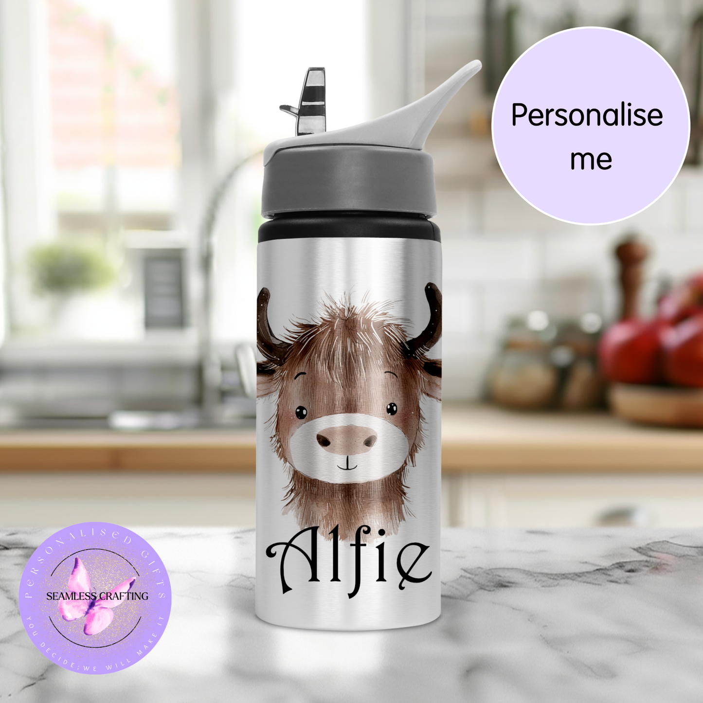 Personalised Kids 600ml Water Bottle – Cute Animal Characters | Custom Name Stainless Steel Bottle