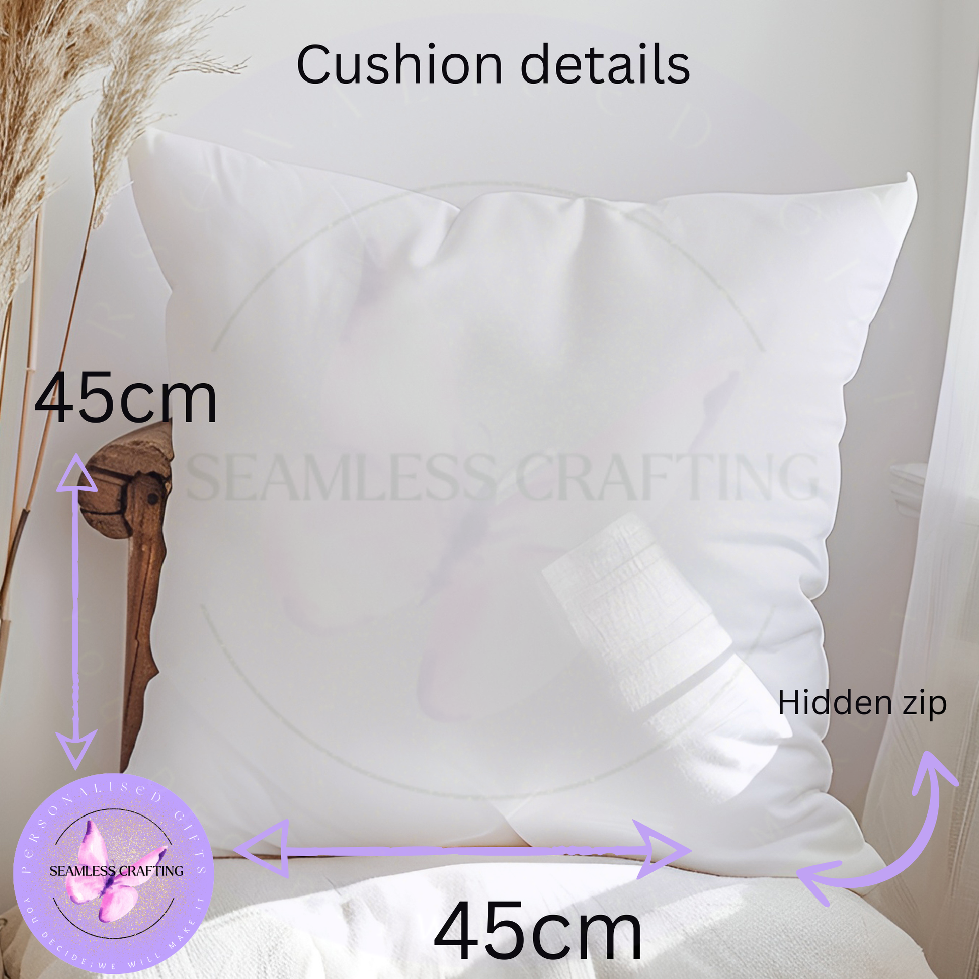 Back of white 45 × 45 cm polyester cushion showing the concealed zip closure