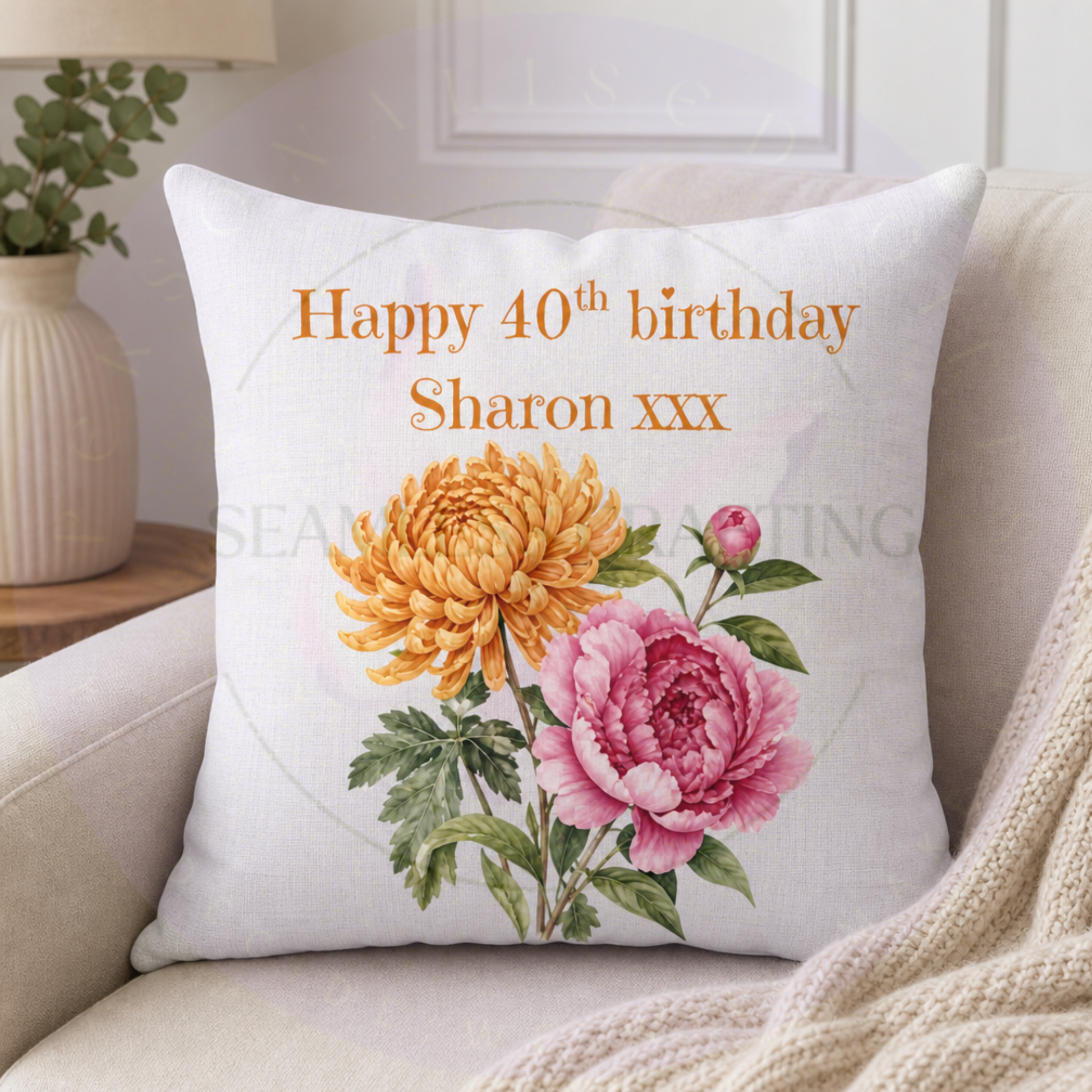 Personalised November chrysanthemum and peony birth flower cushion
