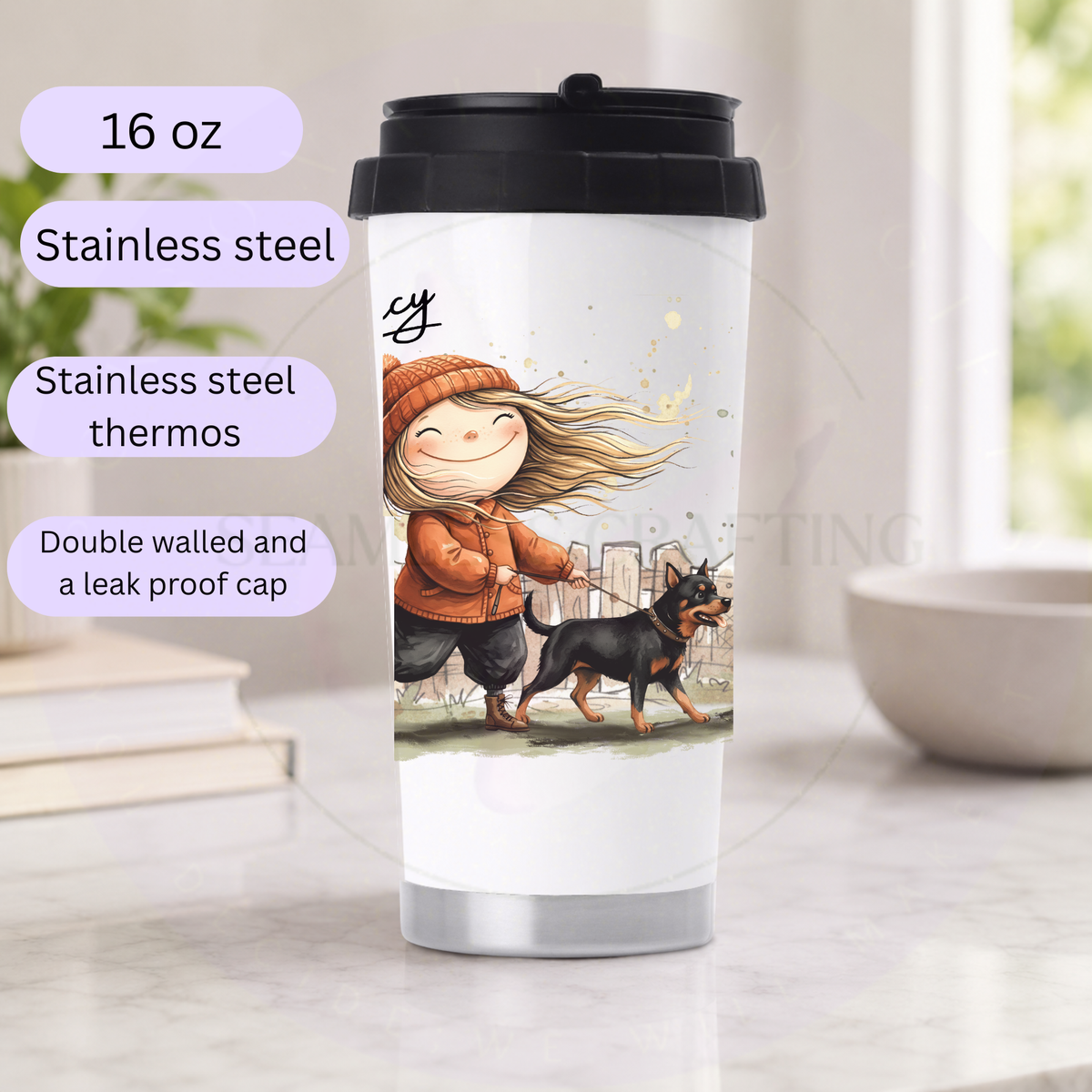 16oz stainless steel personalised dog walker thermos