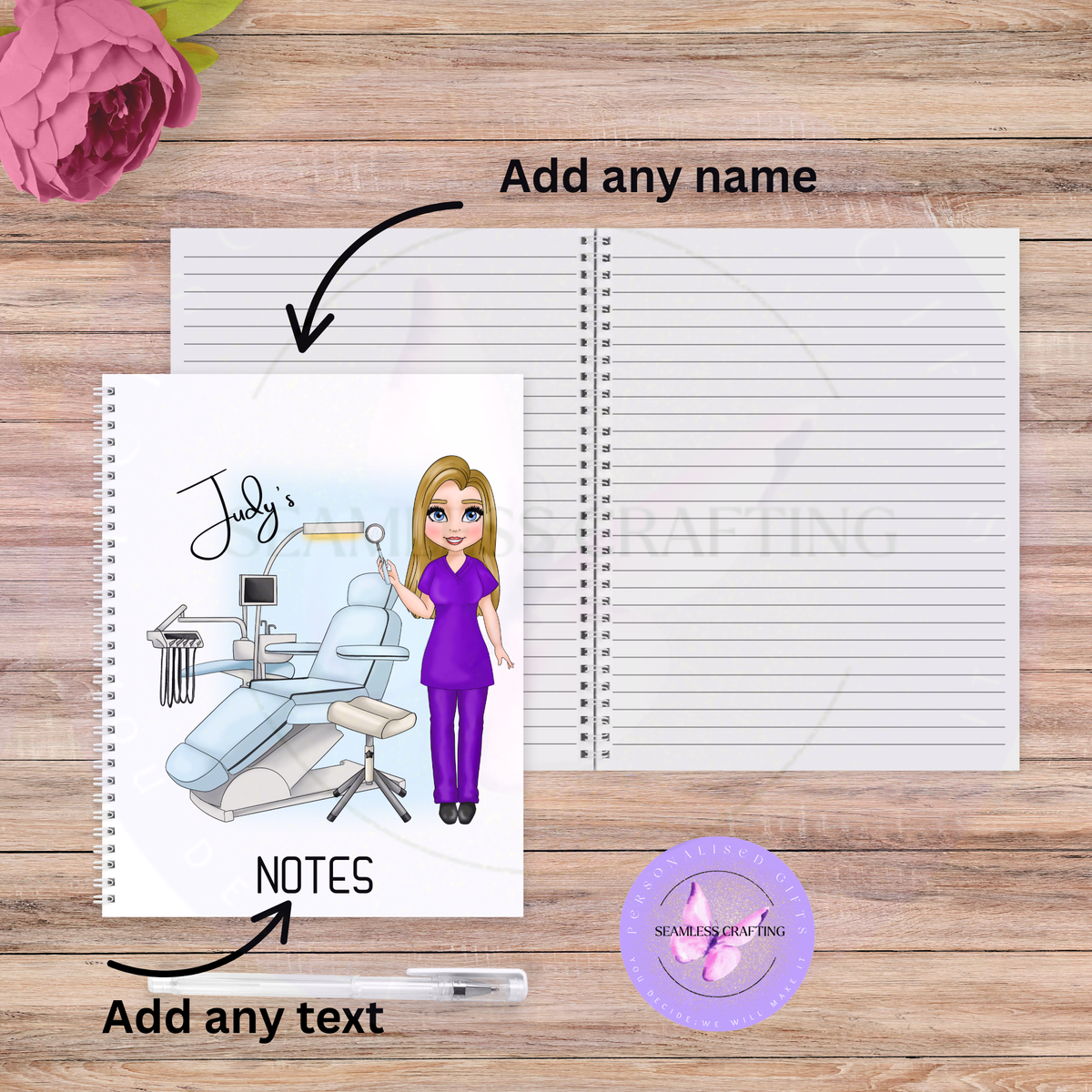 Custom dental nurse A5 notebook personalised with name and text