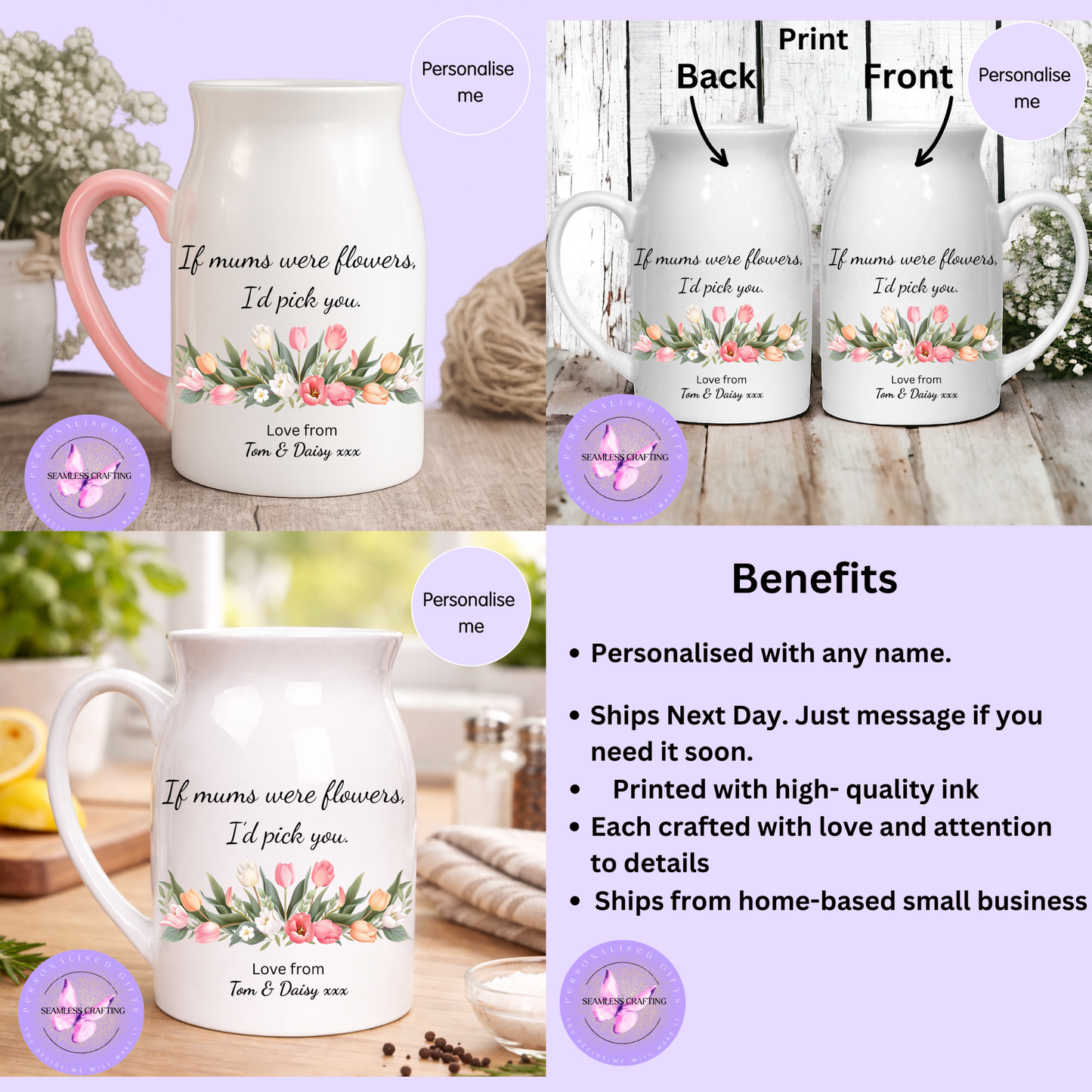 Personalised Flower Jug Gift for Mum | Custom Mother’s Day Jug Vase | “If Mums Were Flowers I’d Pick You” | Personalised Ceramic Jug with Names UK