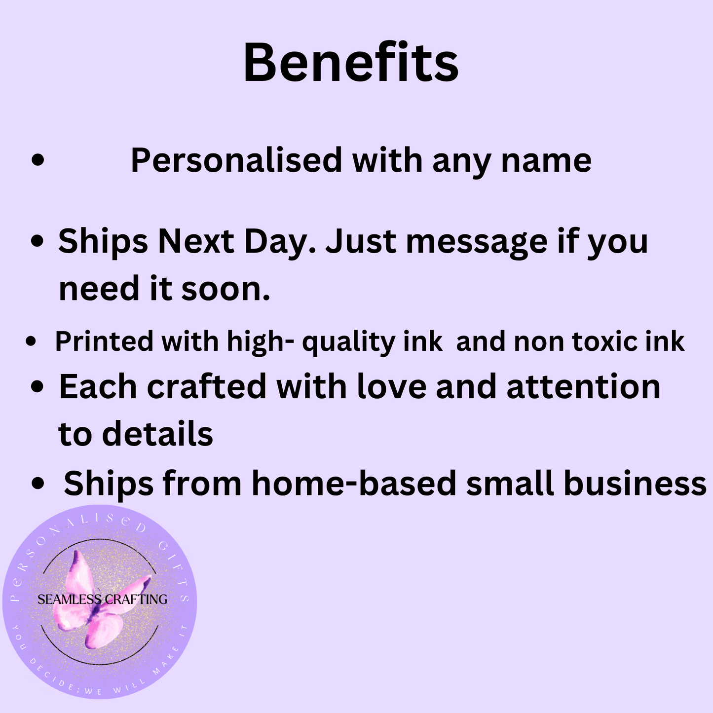 Personalised reading cushion benefits including custom name, high-quality print and made by a small UK business