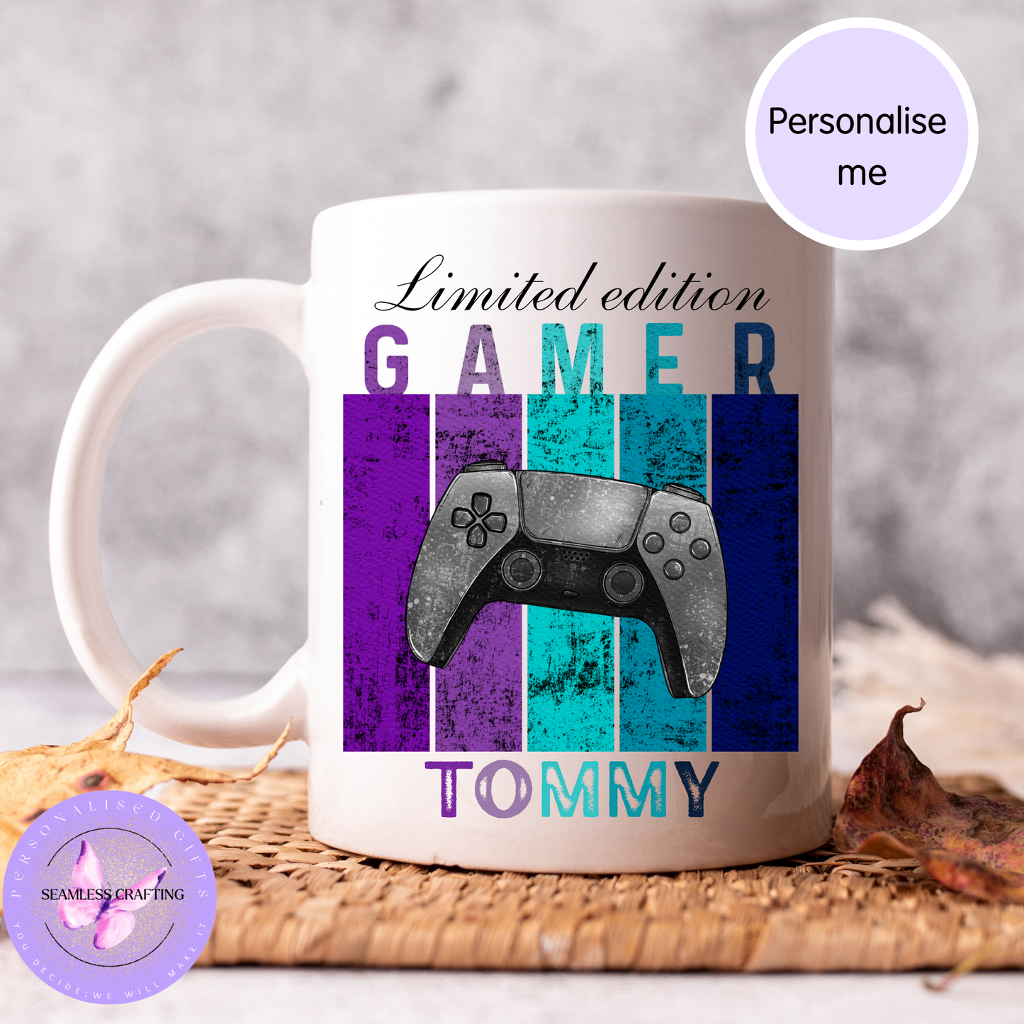 Mug with 'Gamer Tommy' design featuring a gaming controller on a textured surface.