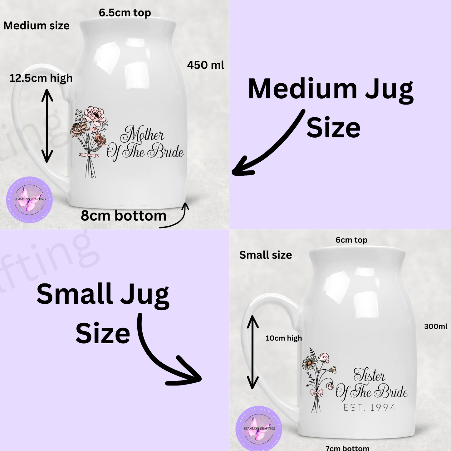 Personalised Mother of the Bride Jug – Custom Birth Flower Wedding Gift – 300ml or 450ml Ceramic Floral Pitcher