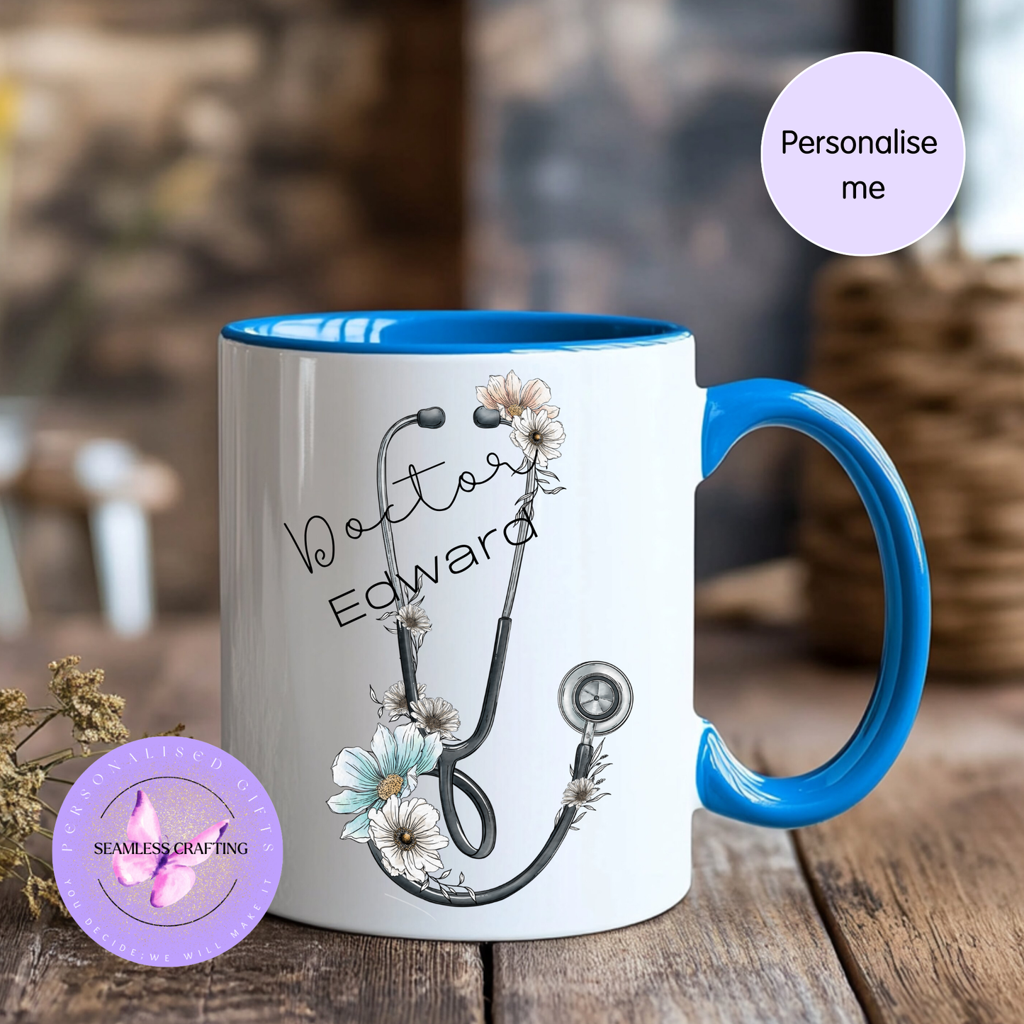 Personalised Nurse Mug with Name | Custom Stethoscope Floral Cup | Nurse Gift UK | Midwife Doctor Appreciation Mug 11oz