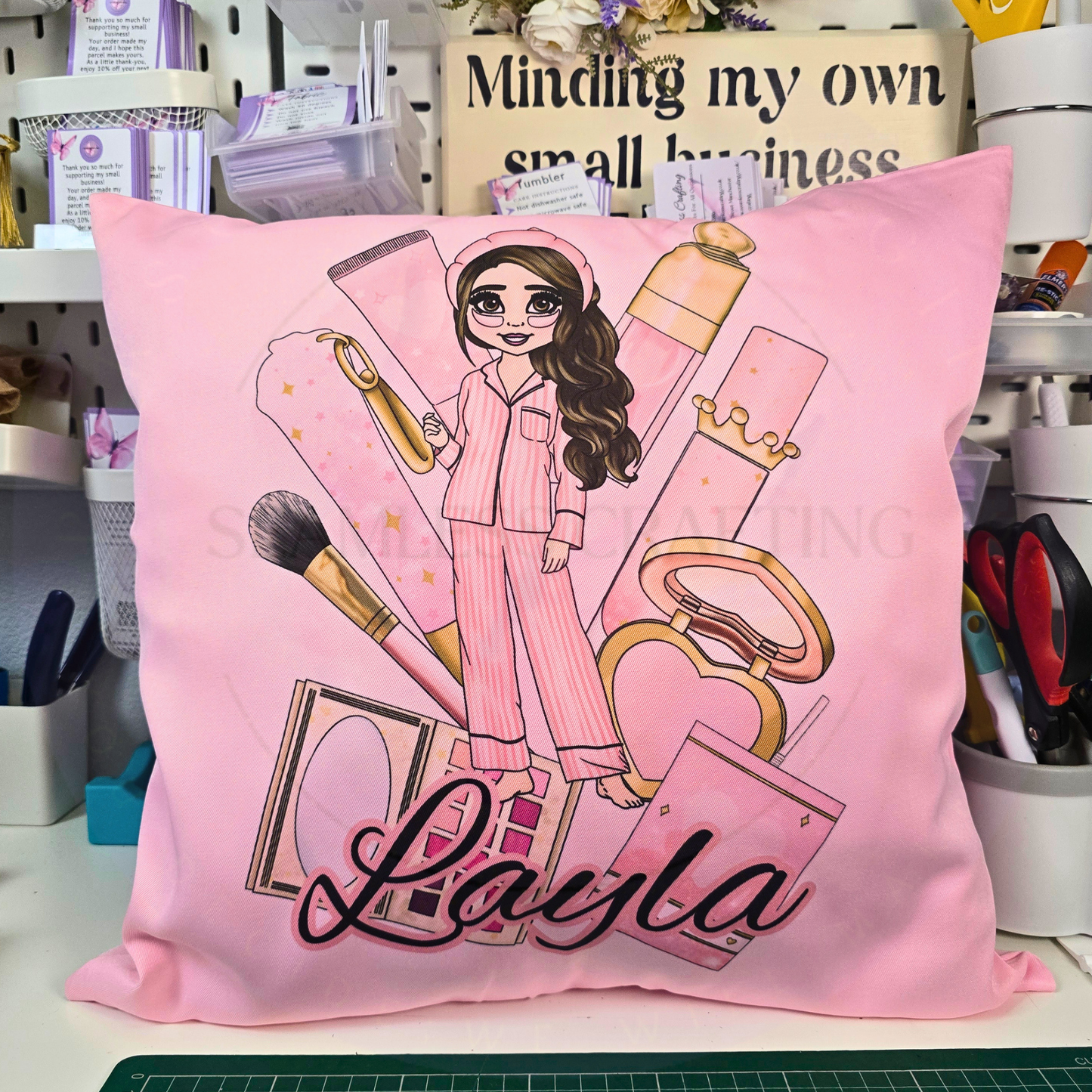 Personalised Makeup Girl Cushion – Custom Character Gift