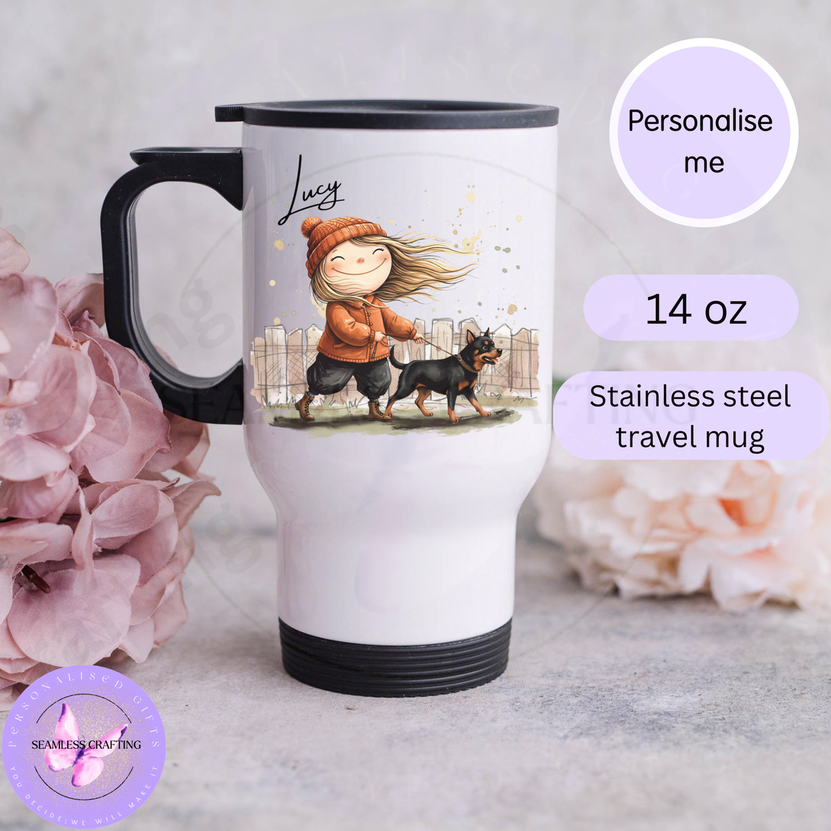 Personalised 14oz dog walker travel mug with custom name