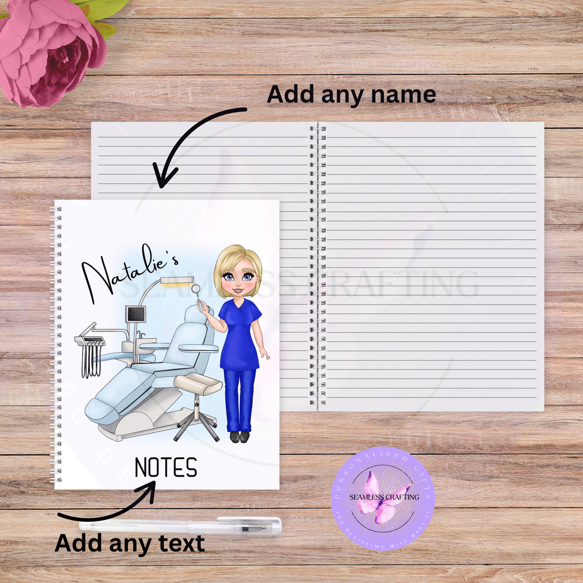 Personalised dentist notebook with custom Natalie name and dental surgery character
