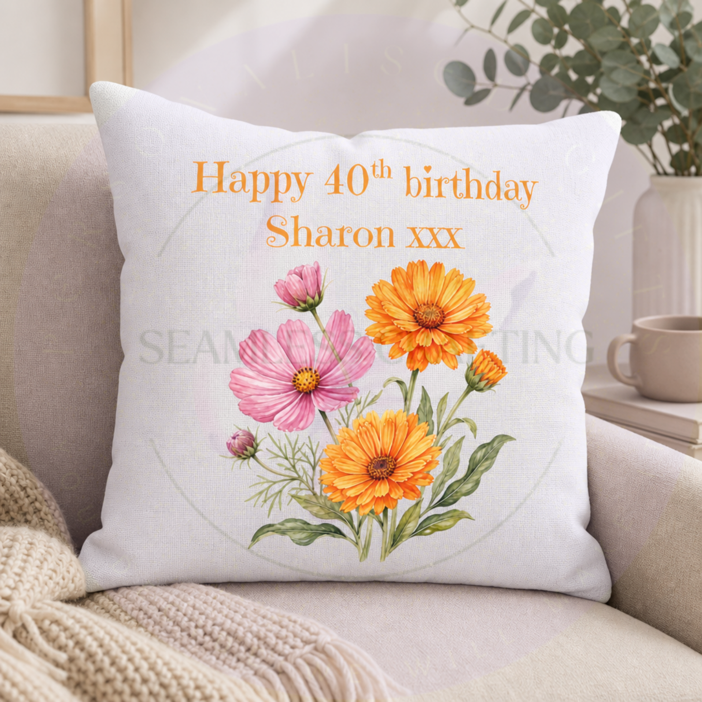 Personalised Birth Flower Cushion – Birthday Gift for Her