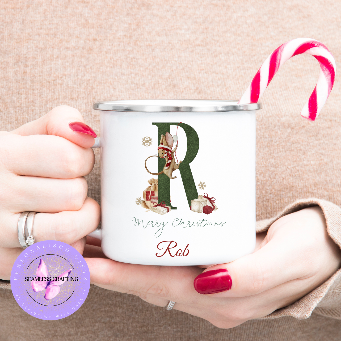 Personalised Christmas Sack & Enamel Mug Set | Custom Name Santa Gift Bag | Initial Mouse Design | Kids Xmas Eve Bag | 2 Sizes | 4 Colours