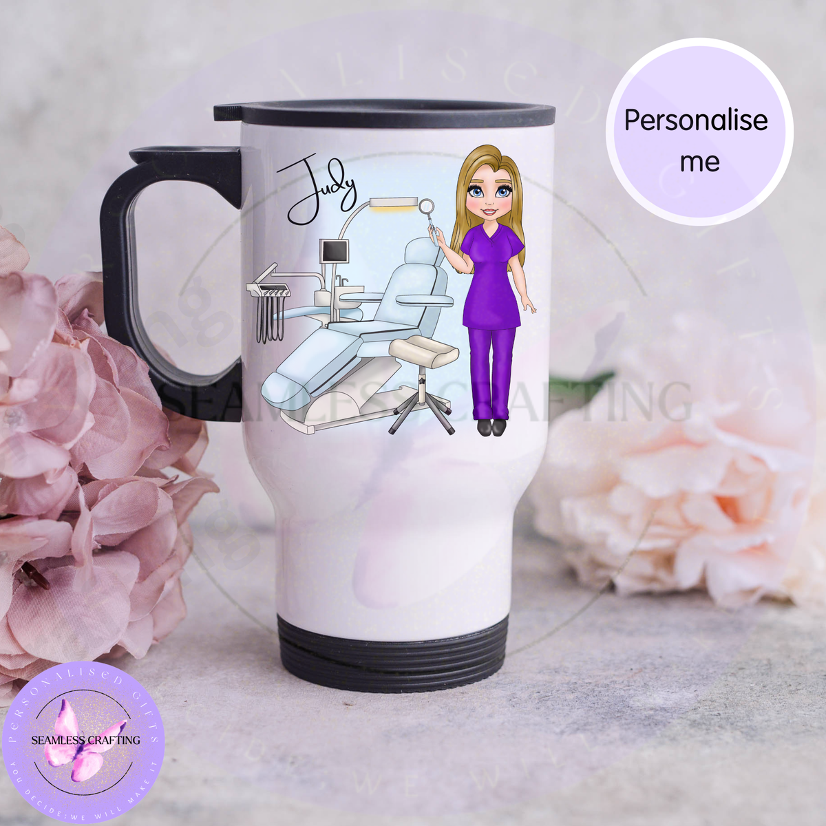 14oz personalised dentist stainless steel travel mug with custom dental character