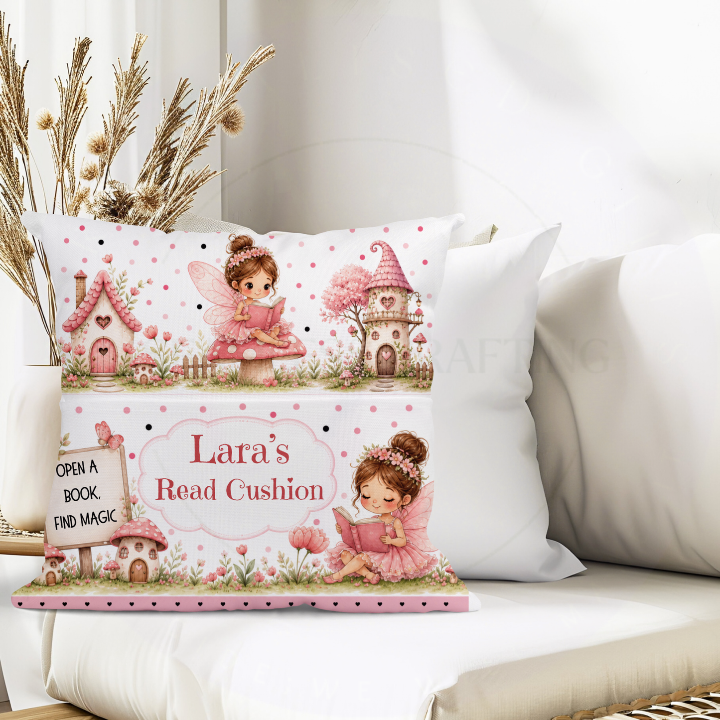 ink fairy reading cushion with pocket displayed in neutral children's bedroom