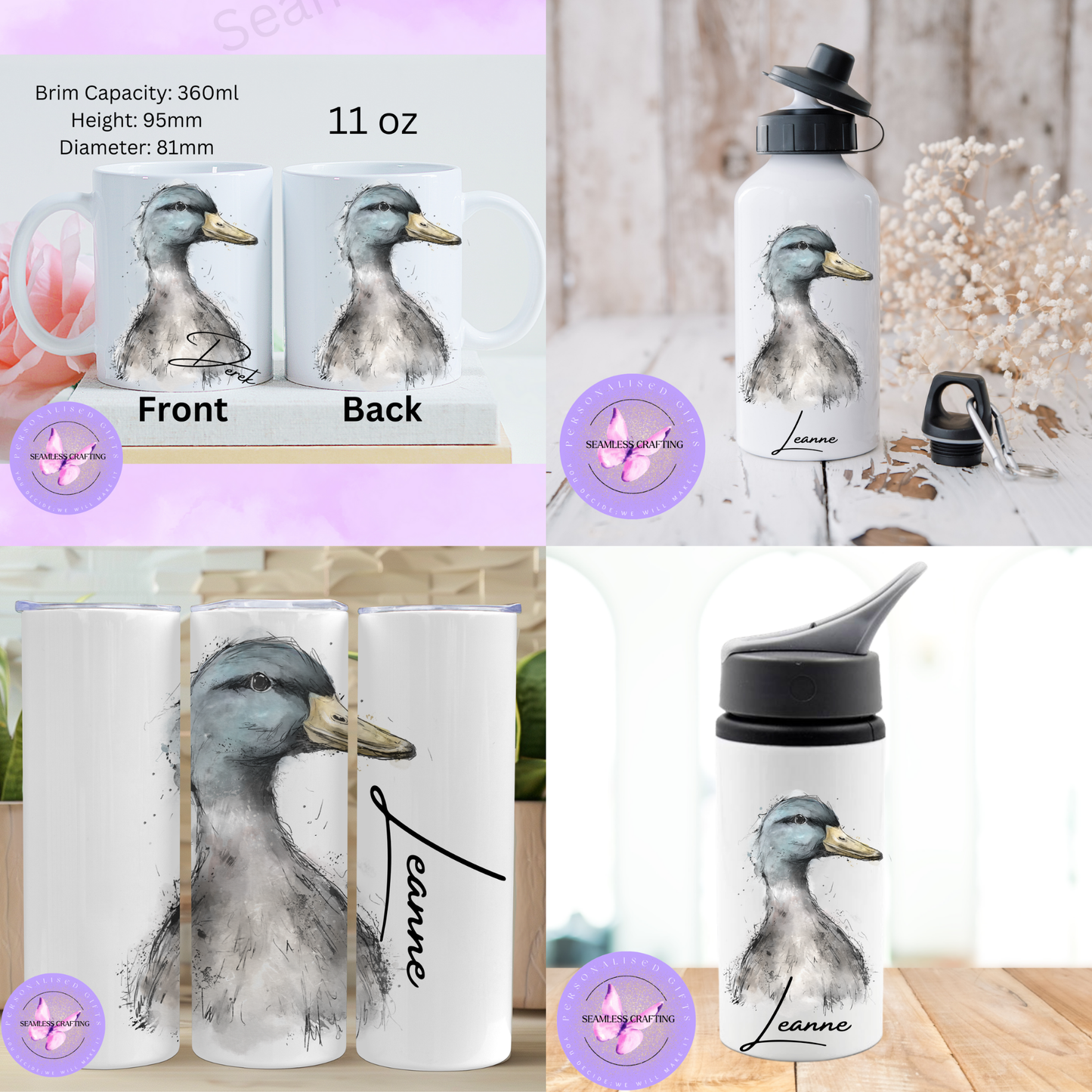 Personalised Watercolour Tumbler, Ceramic Mug & Water Bottle – Custom Name Gifts for Duck Lovers & Bird Watchers