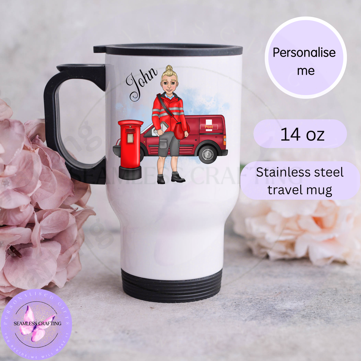Personalised 14oz stainless steel postman travel mug with custom name John