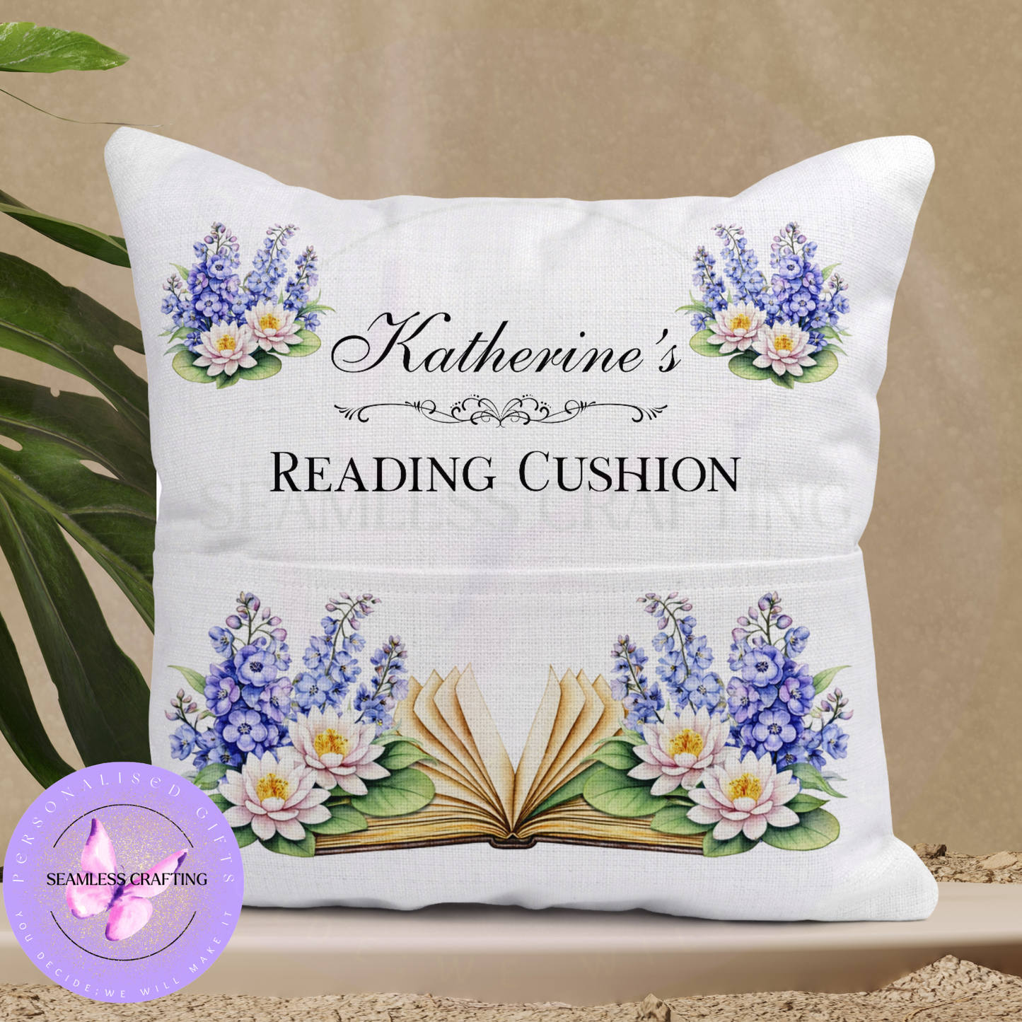 Back of cushion showing linen canvas, pocket seam and hidden zip – 40x40cm
