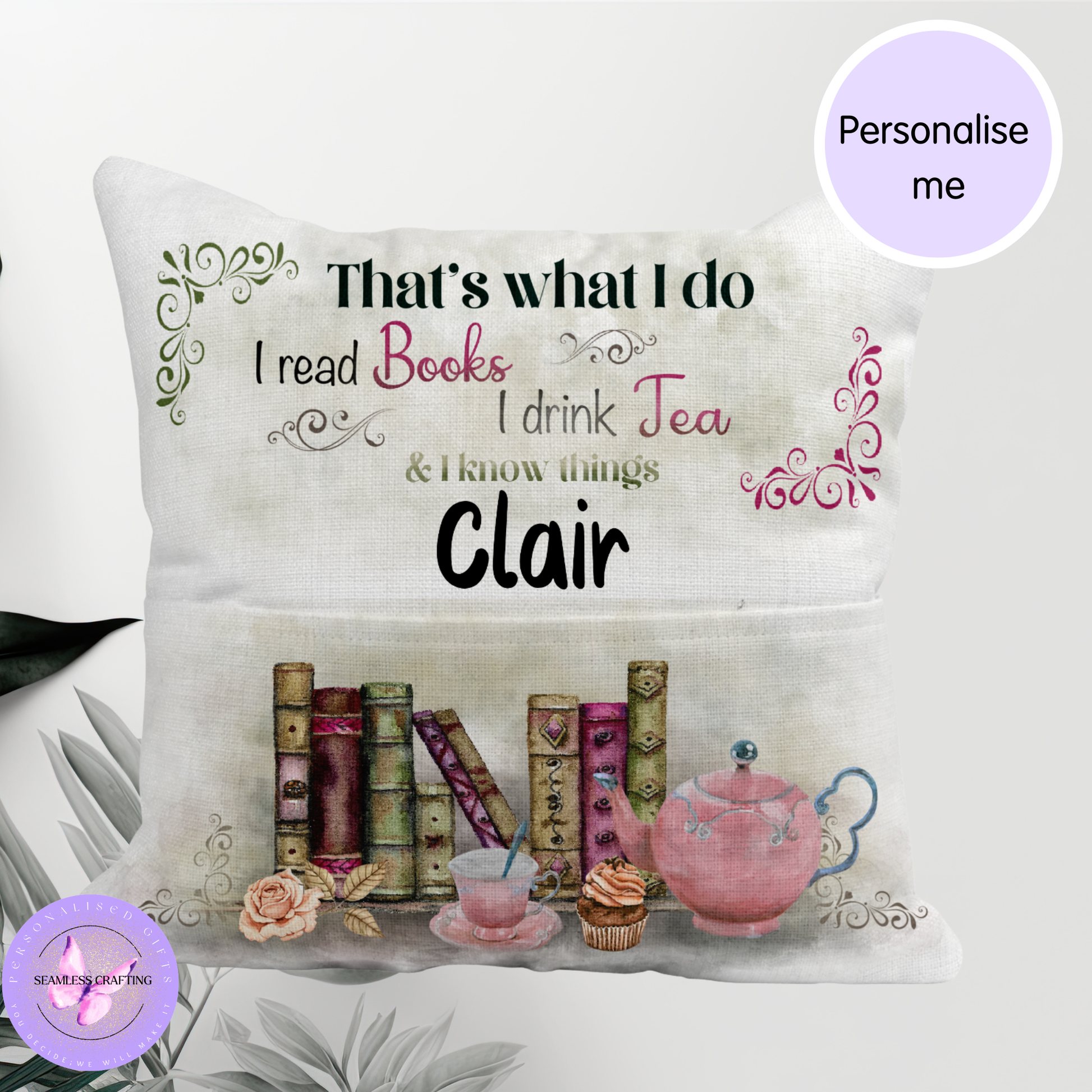 Personalised reading cushion with pocket featuring book lover design, tea theme and custom name Clair, handmade cushion