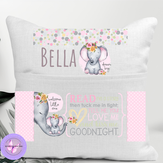 Personalised Girls Reading Cushion – Custom Name Elephant Pillow with Pocket – Storytime Cushion for Kids Bedroom