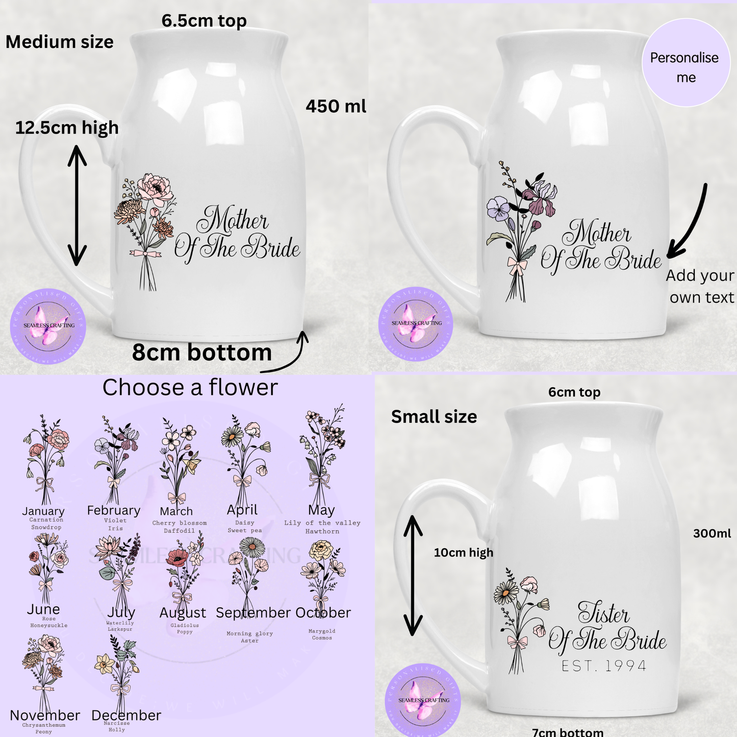 Personalised Mother of the Bride Jug – Custom Birth Flower Wedding Gift – 300ml or 450ml Ceramic Floral Pitcher