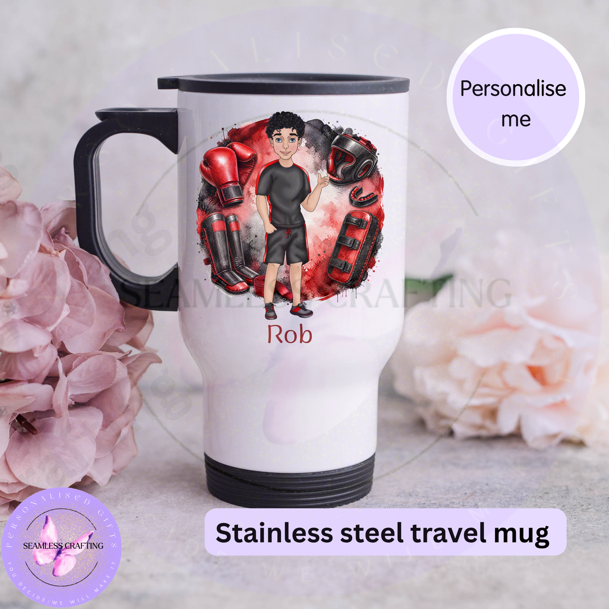 Personalised kickboxing travel mug with custom name, kickboxer character and red boxing equipment