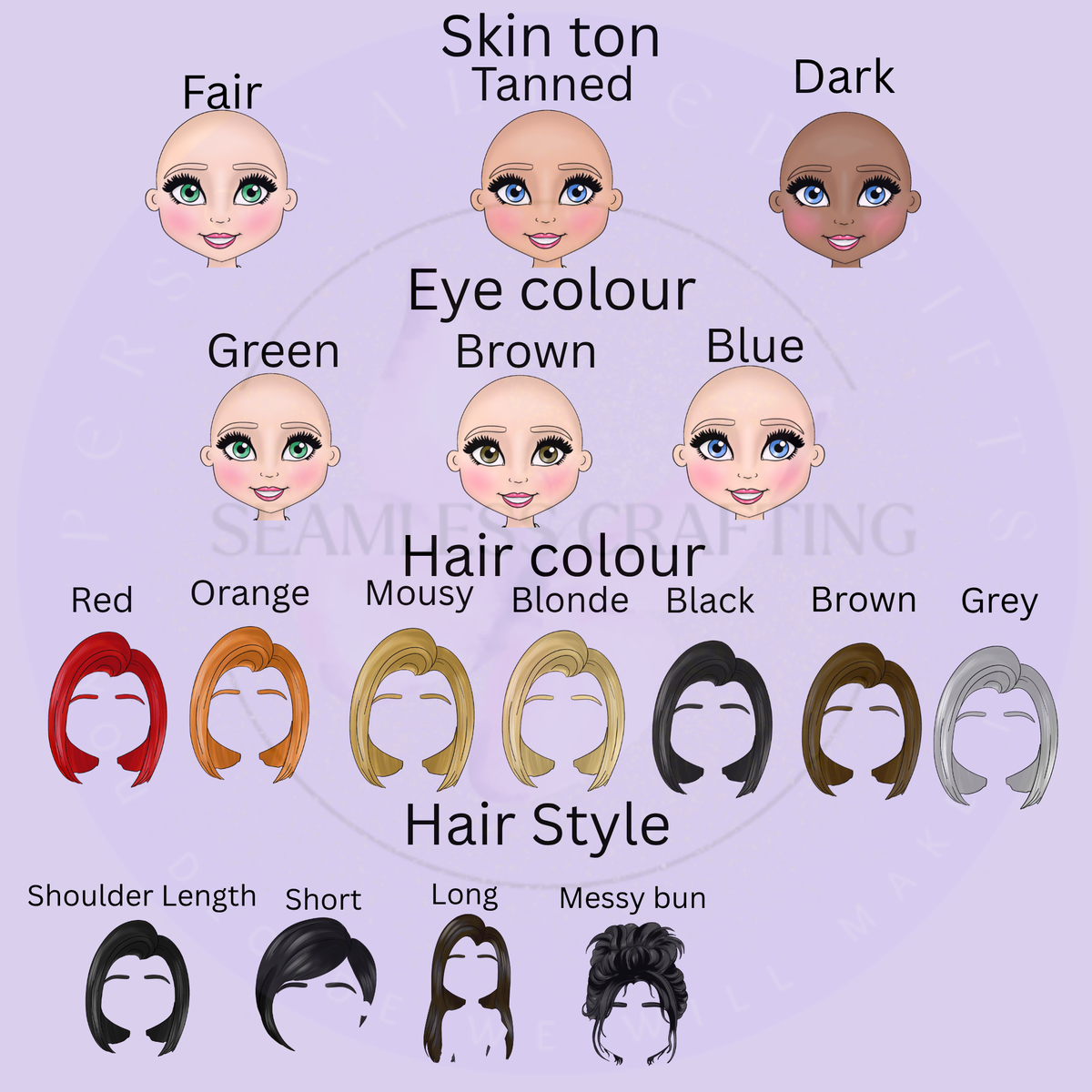 Travel agent character personalisation choices for skin tone, eye colour, hair colour and hairstyle