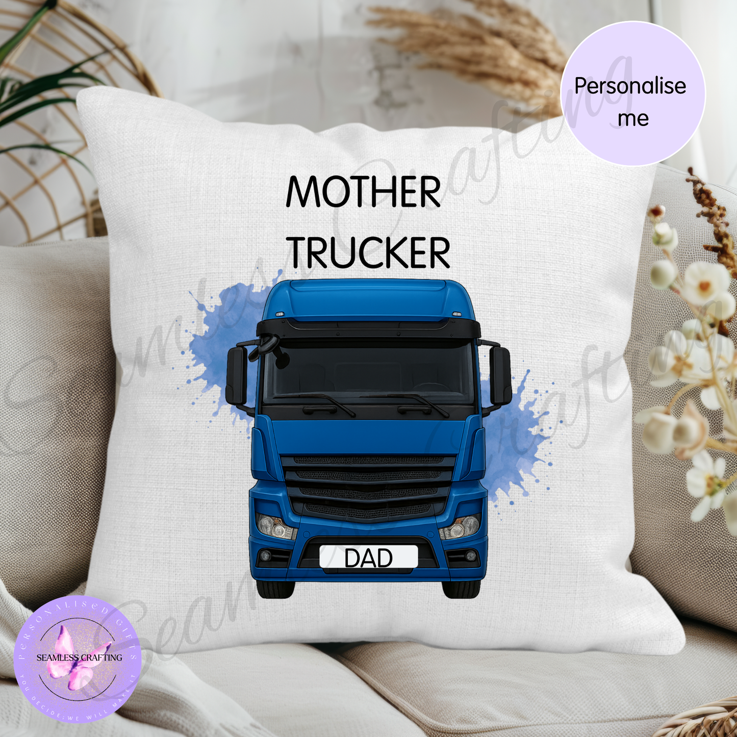 High quality printed personalised truck cushion detail, vibrant ink on linen canvas pillow