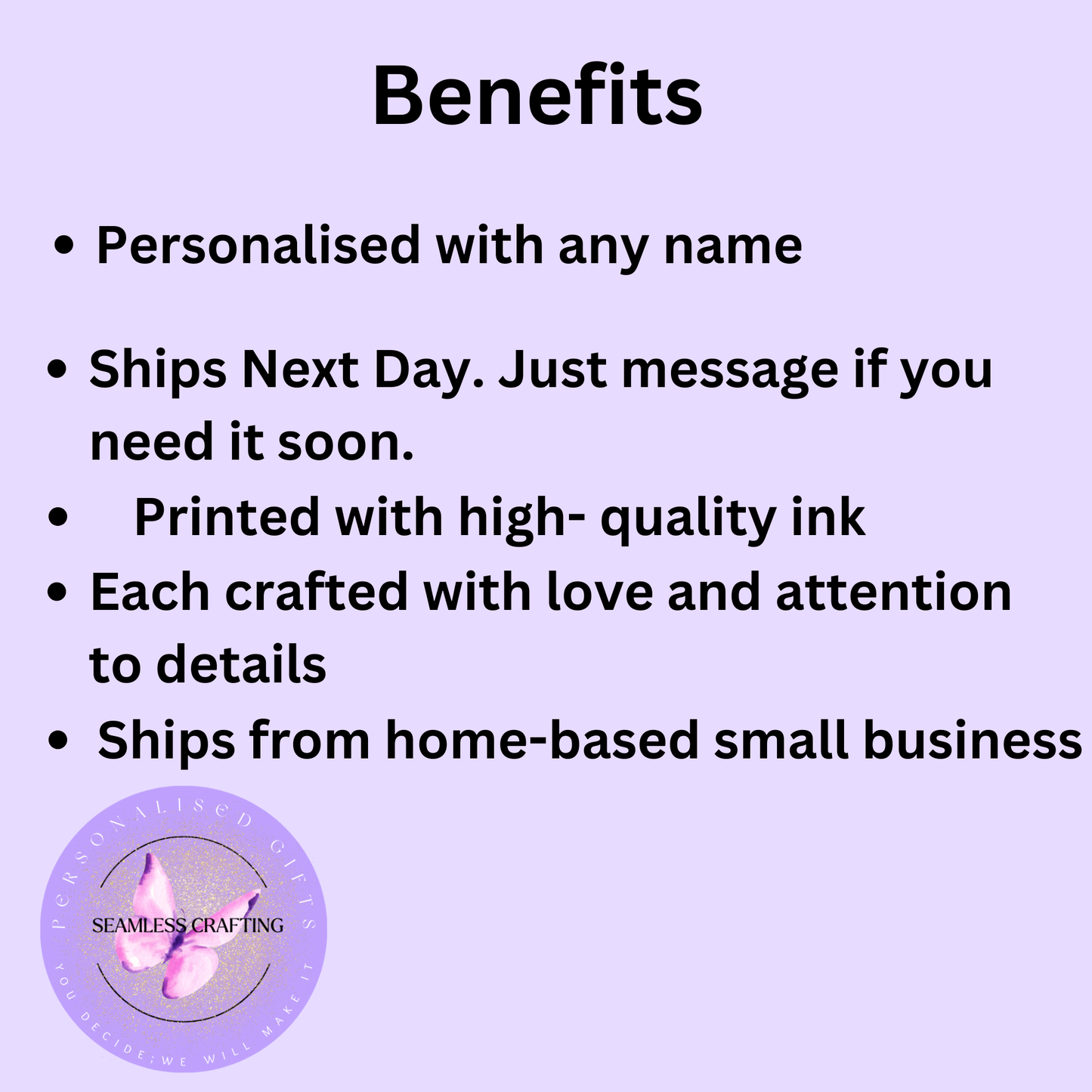 List of benefits with a small logo in the corner on a light purple background