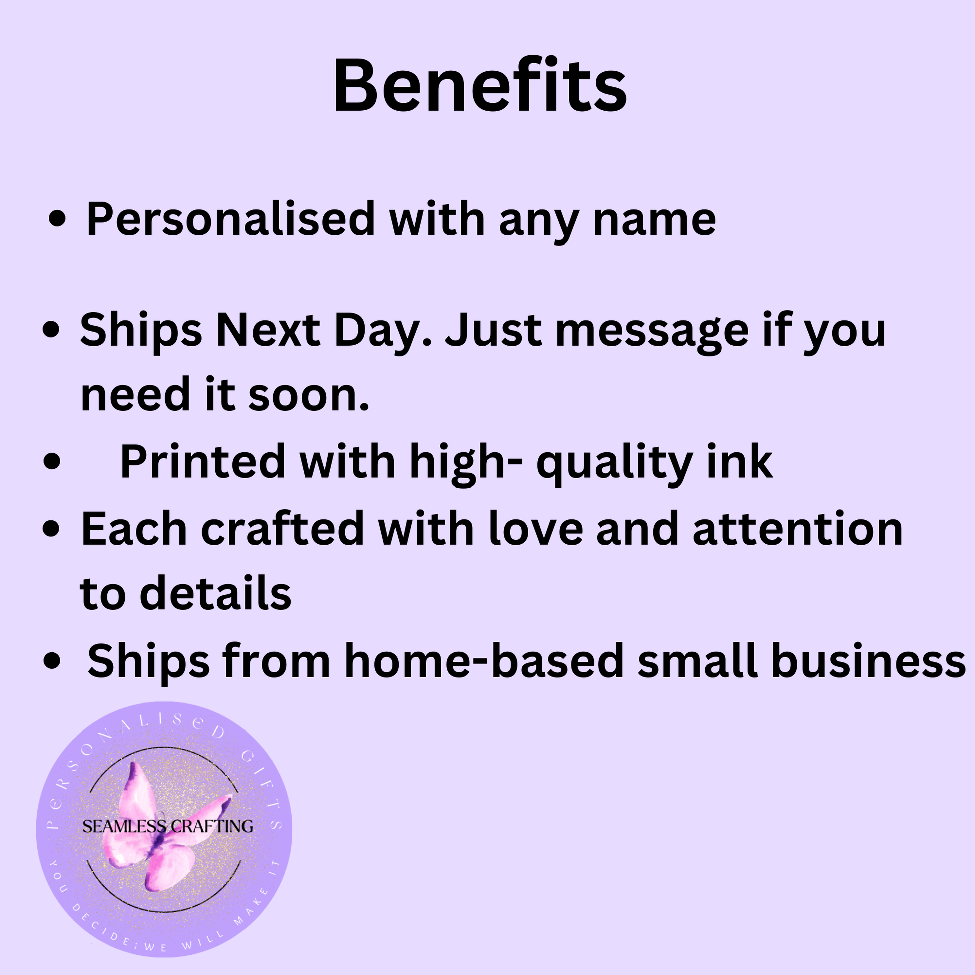 List of benefits with a small logo in the corner on a light purple background