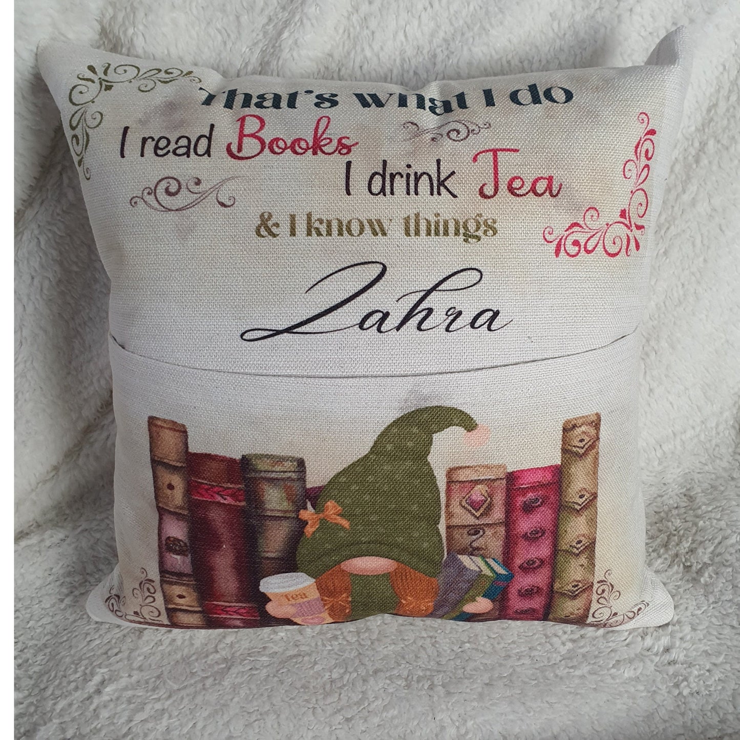 Personalised Gnome Pocket Reading Book Cushion, That's what I do cushion gifts, tea and loving reading pillow, Bedroom Decor, Unique Cushion