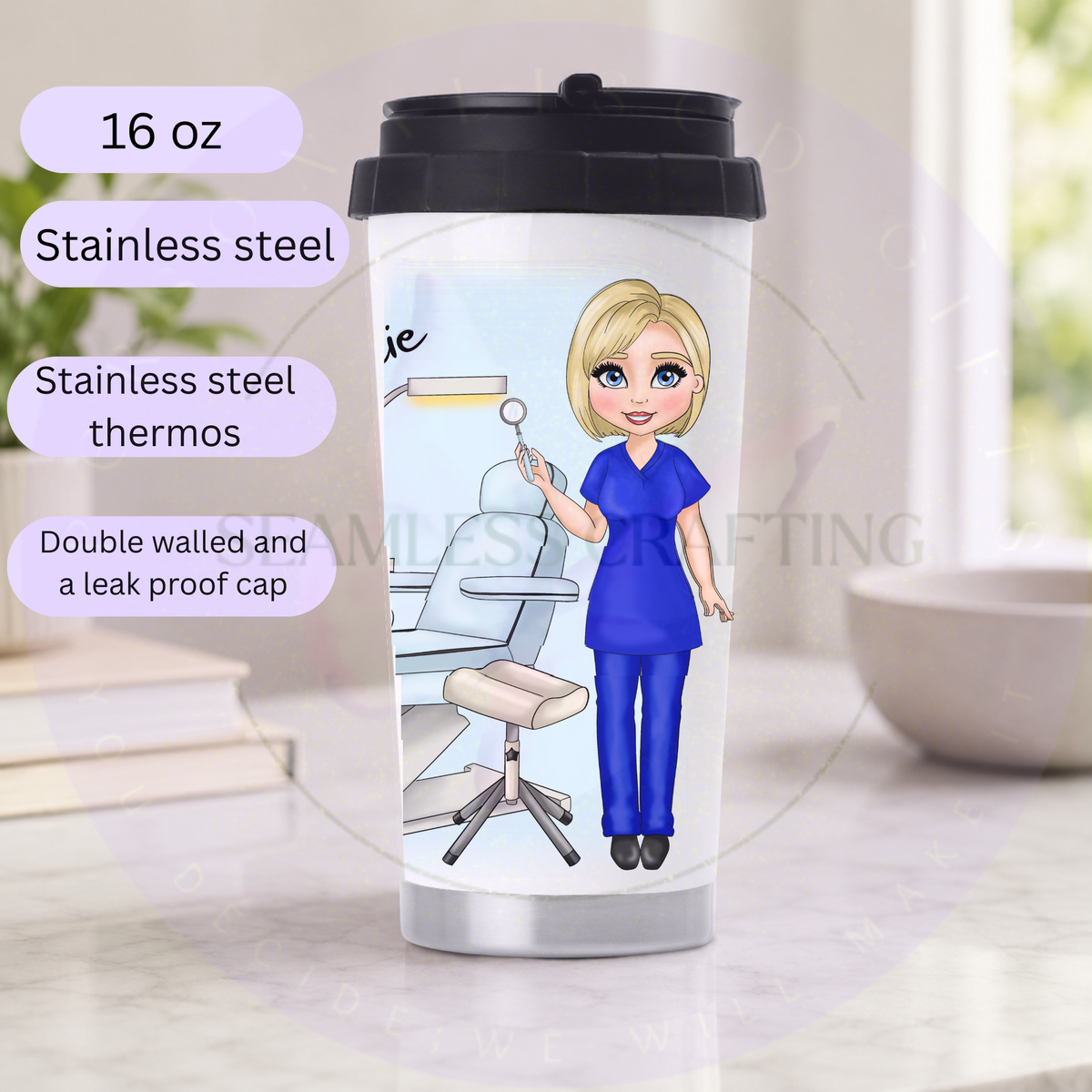 16oz personalised dental nurse stainless steel thermos with custom character