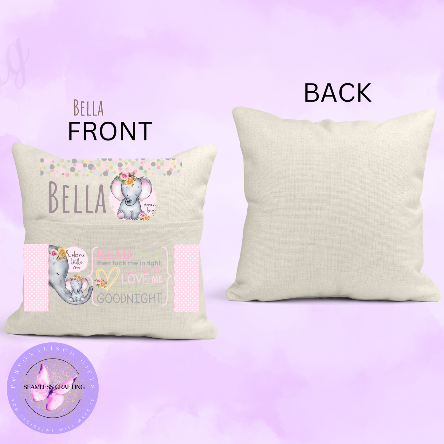 Personalised Girls Reading Cushion – Custom Name Elephant Pillow with Pocket – Storytime Cushion for Kids Bedroom