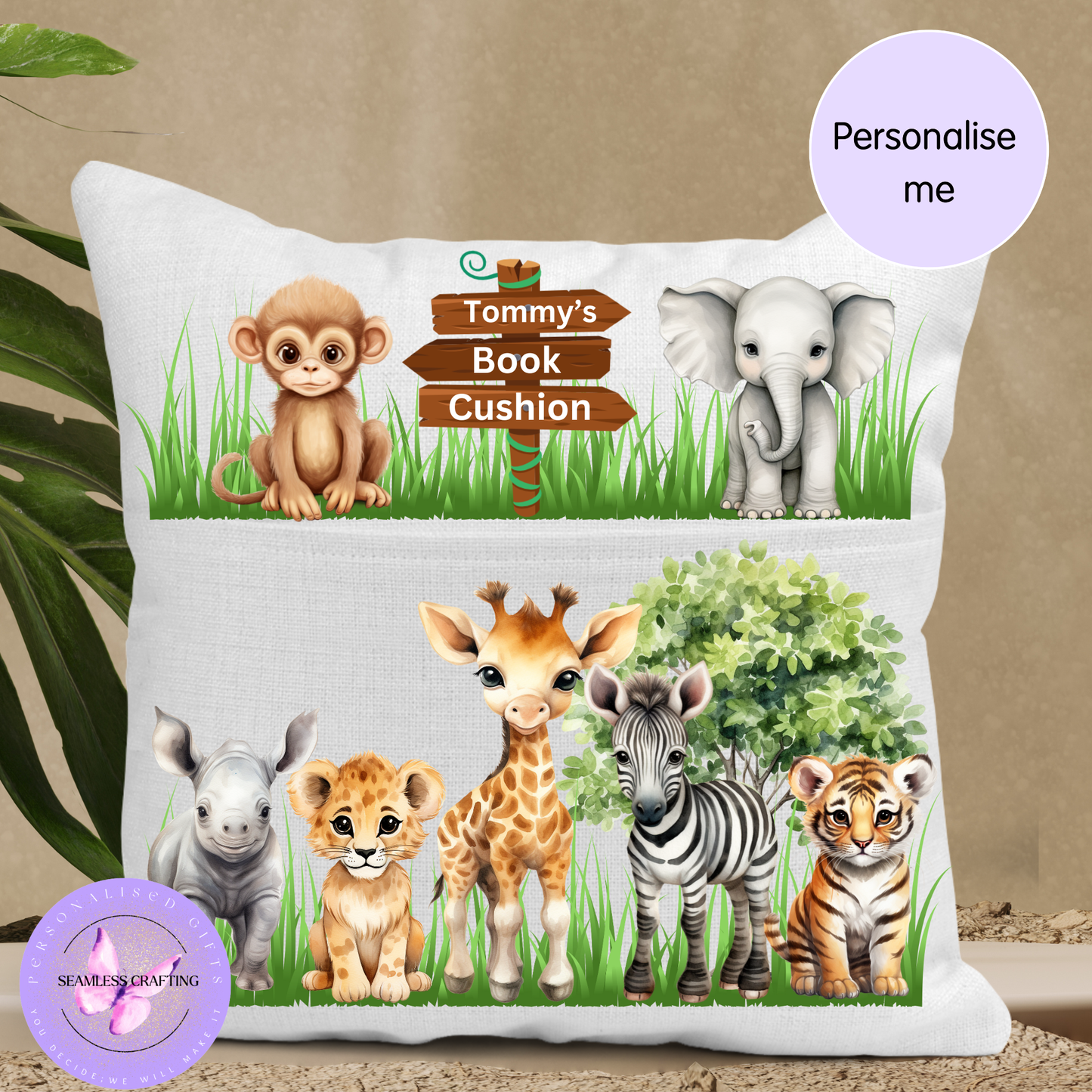 Children’s safari animal reading cushion personalised with name
