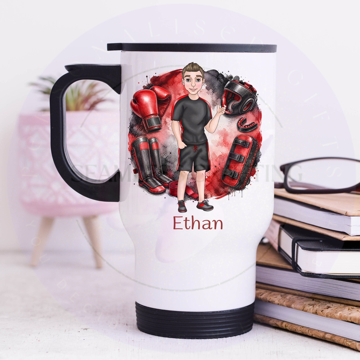 Personalised kickboxing stainless steel travel mug with custom male kickboxer character and name Ethan