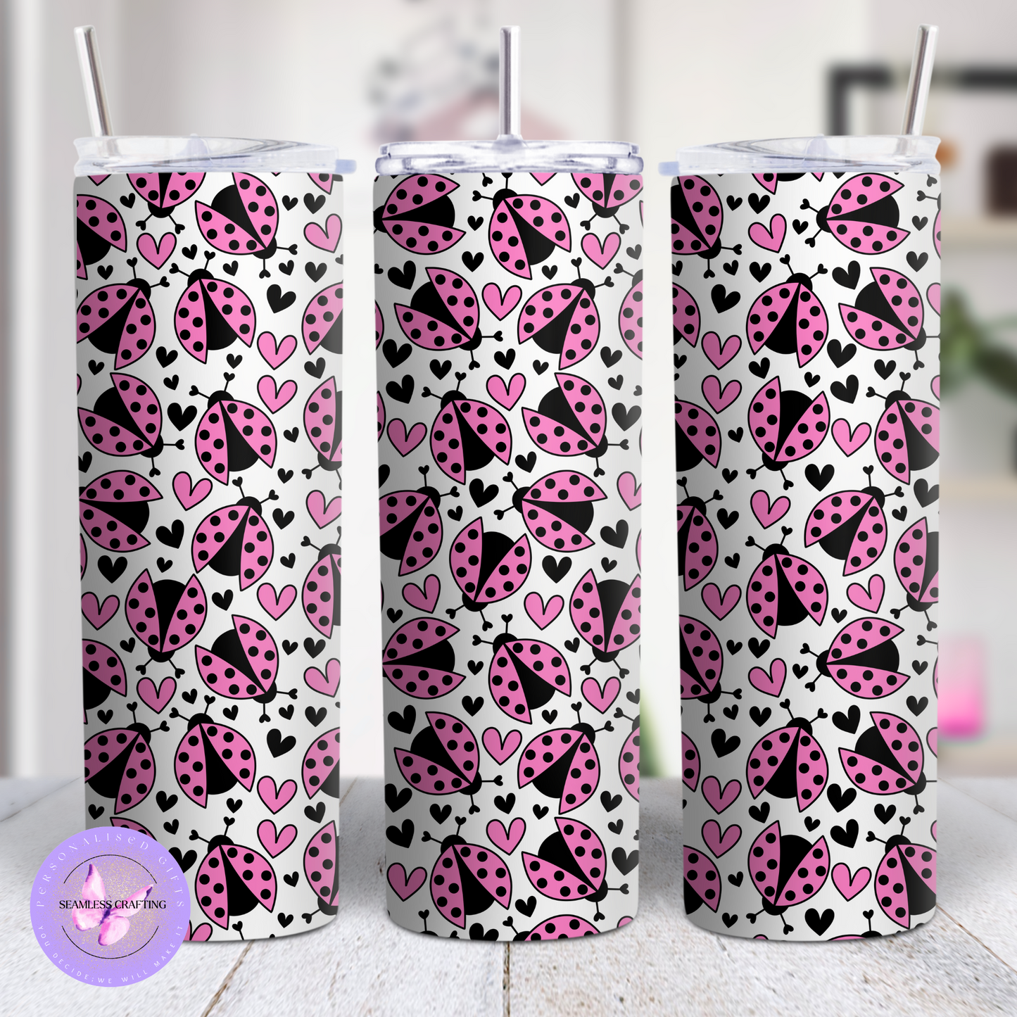 Personalised Ladybug Stainless Steel Tumbler – 15oz or 20oz – Red or Pink – Custom Name Travel Cup with Lid & Straw – Cute Gift for Her