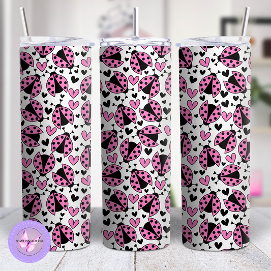 Personalised Ladybug Stainless Steel Tumbler – 15oz or 20oz – Red or Pink – Custom Name Travel Cup with Lid & Straw – Cute Gift for Her